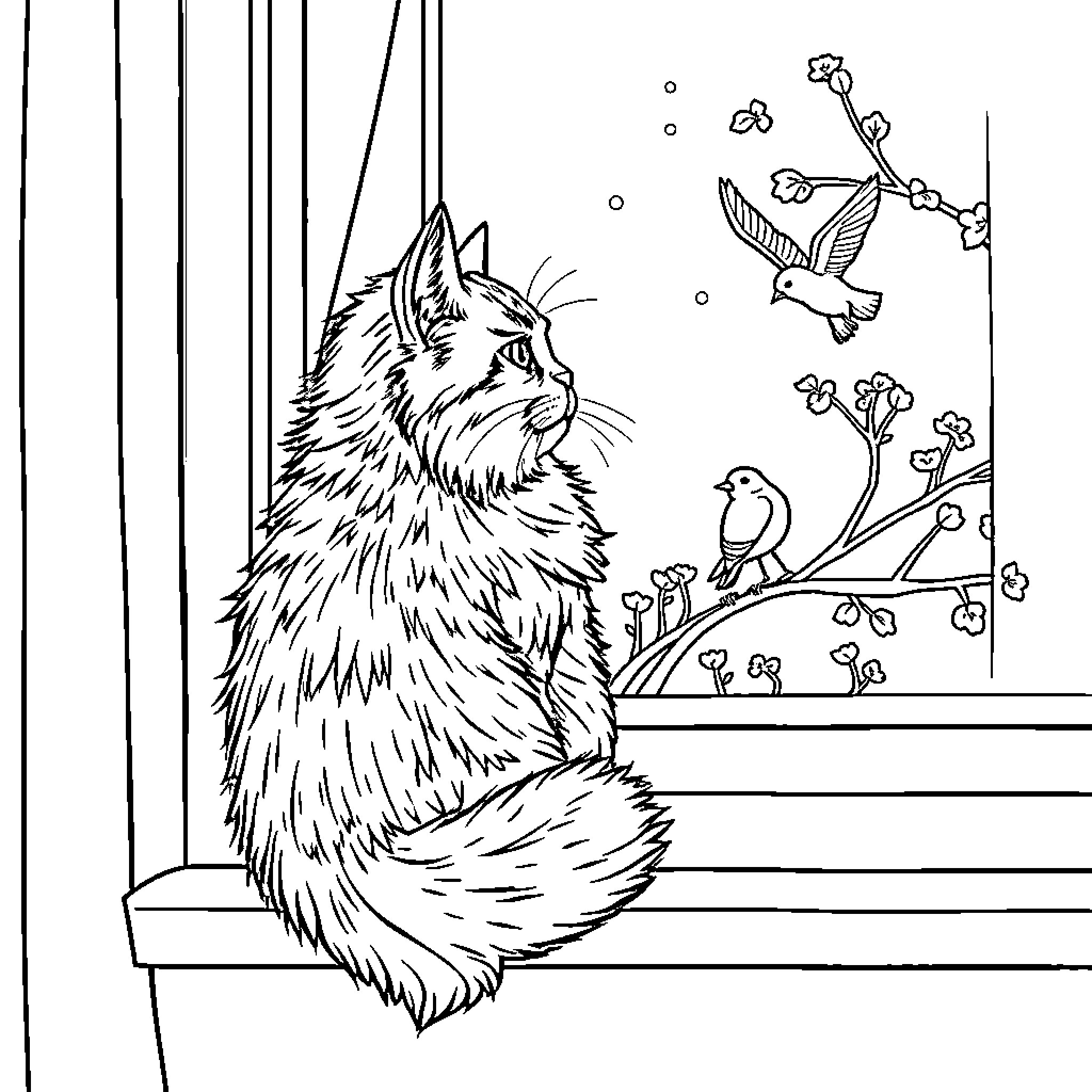 Cat observing birds on branch through window Coloring Page (free black-and-white line drawing printable PDF for all, from beginners to advanced learners, including children, teens, adults, and seniors)