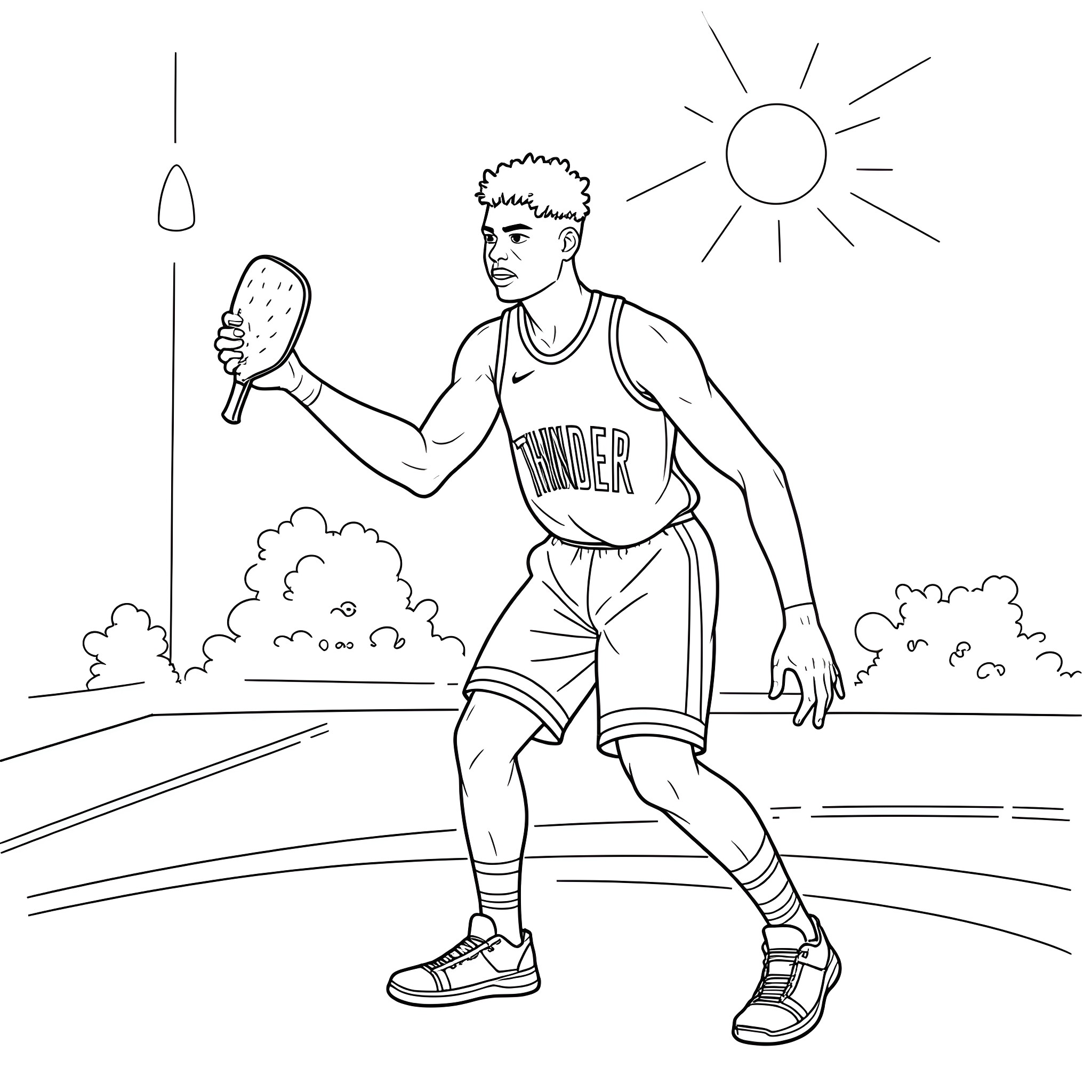 Jaylin Williamson playing basketball on a sunny day Coloring Page (free black-and-white line drawing printable PDF for all, from beginners to advanced learners, including children, teens, adults, and seniors)