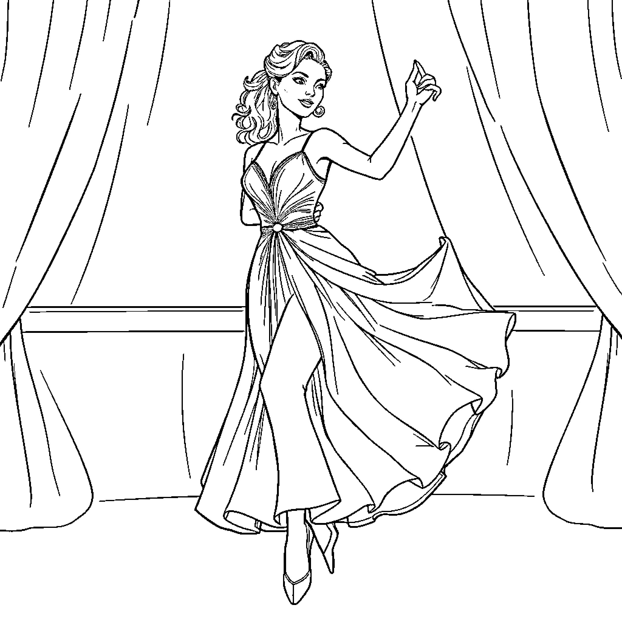 Bailarina performing graceful dance on stage Coloring Page (free black-and-white line drawing printable PDF for all, from beginners to advanced learners, including children, teens, adults, and seniors)