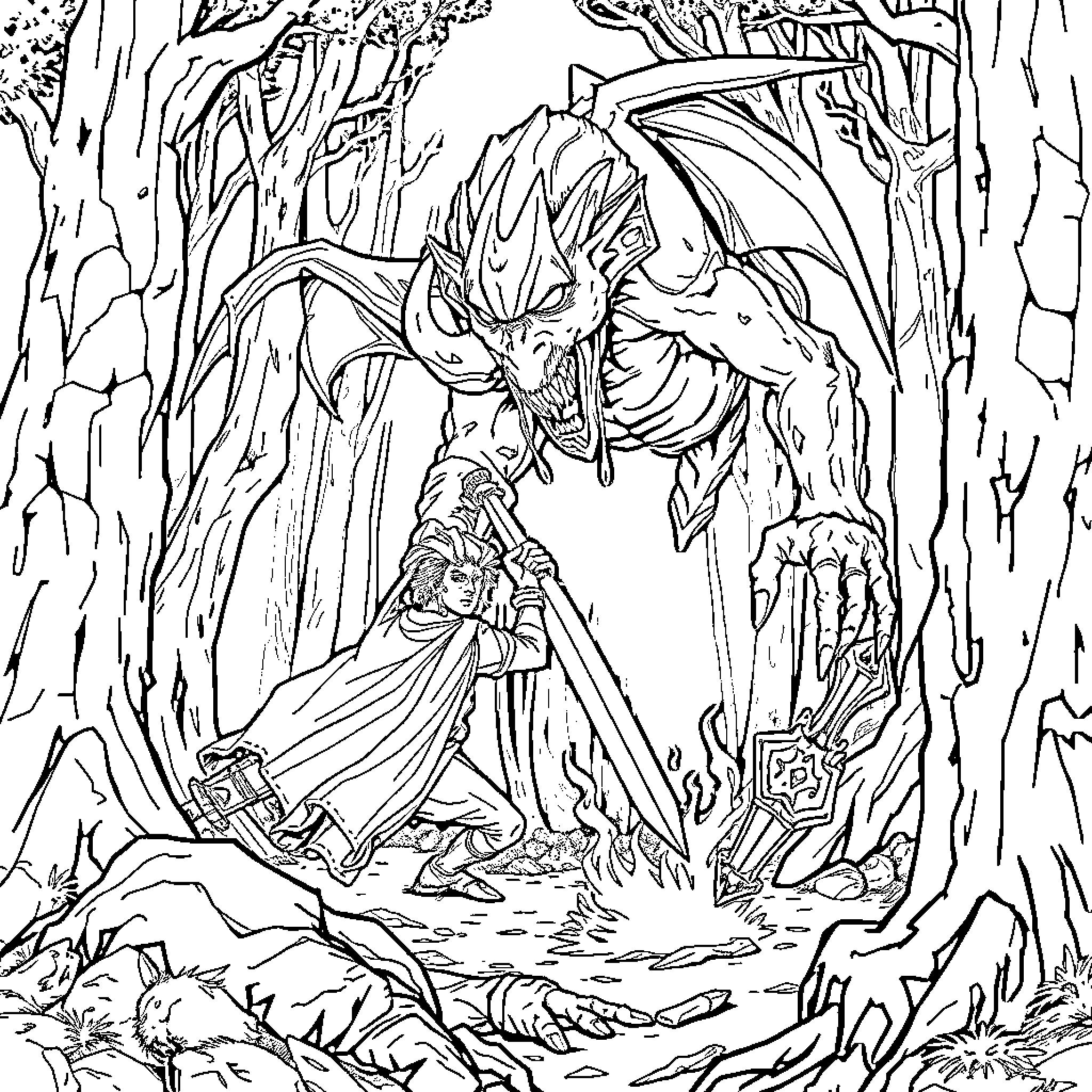 Demon Slayer Confronting Monstrous Adversary in Eerie Forest Coloring Page (free black-and-white line drawing printable PDF for all, from beginners to advanced learners, including children, teens, adults, and seniors)