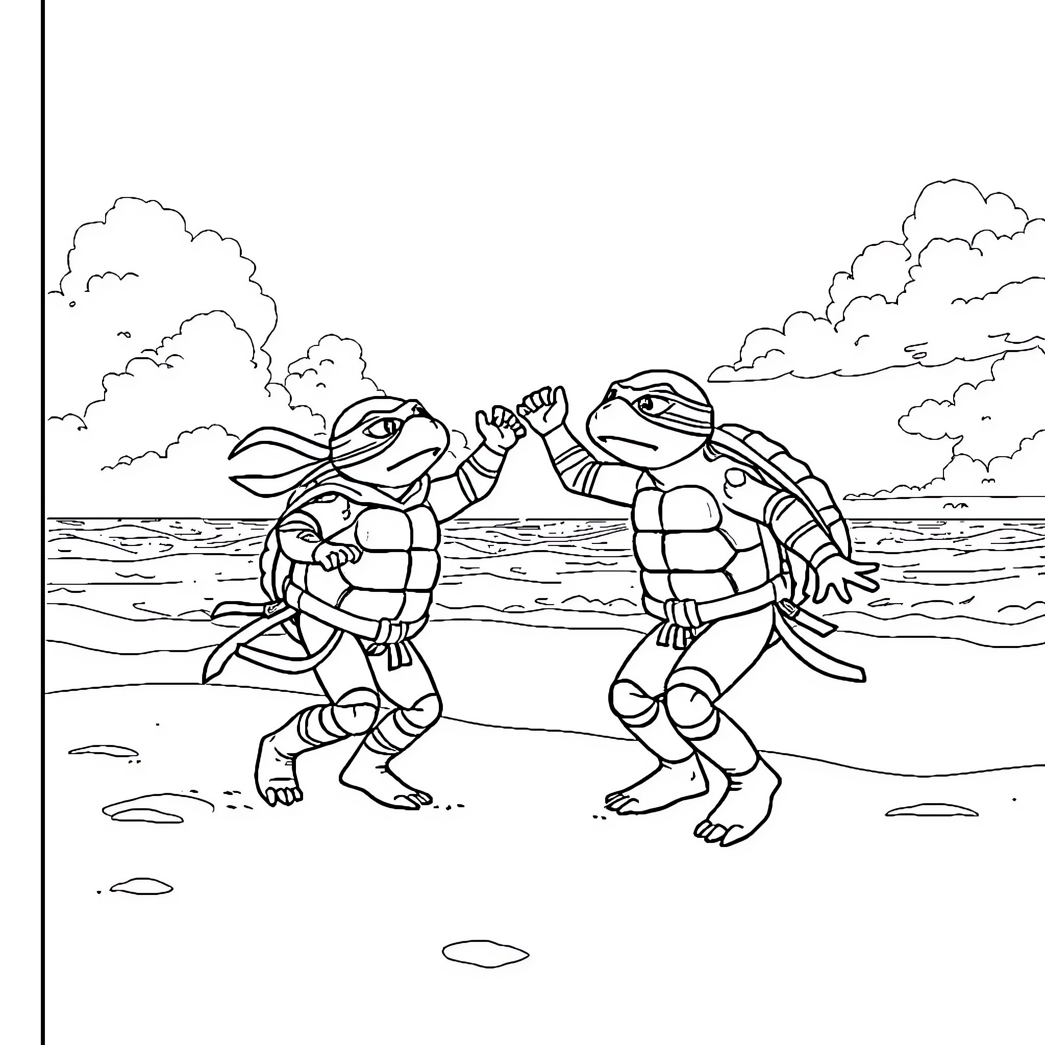 Ninja Turtles playing and sparring on the beach Coloring Page (free black-and-white line drawing printable PDF for all, from beginners to advanced learners, including children, teens, adults, and seniors)
