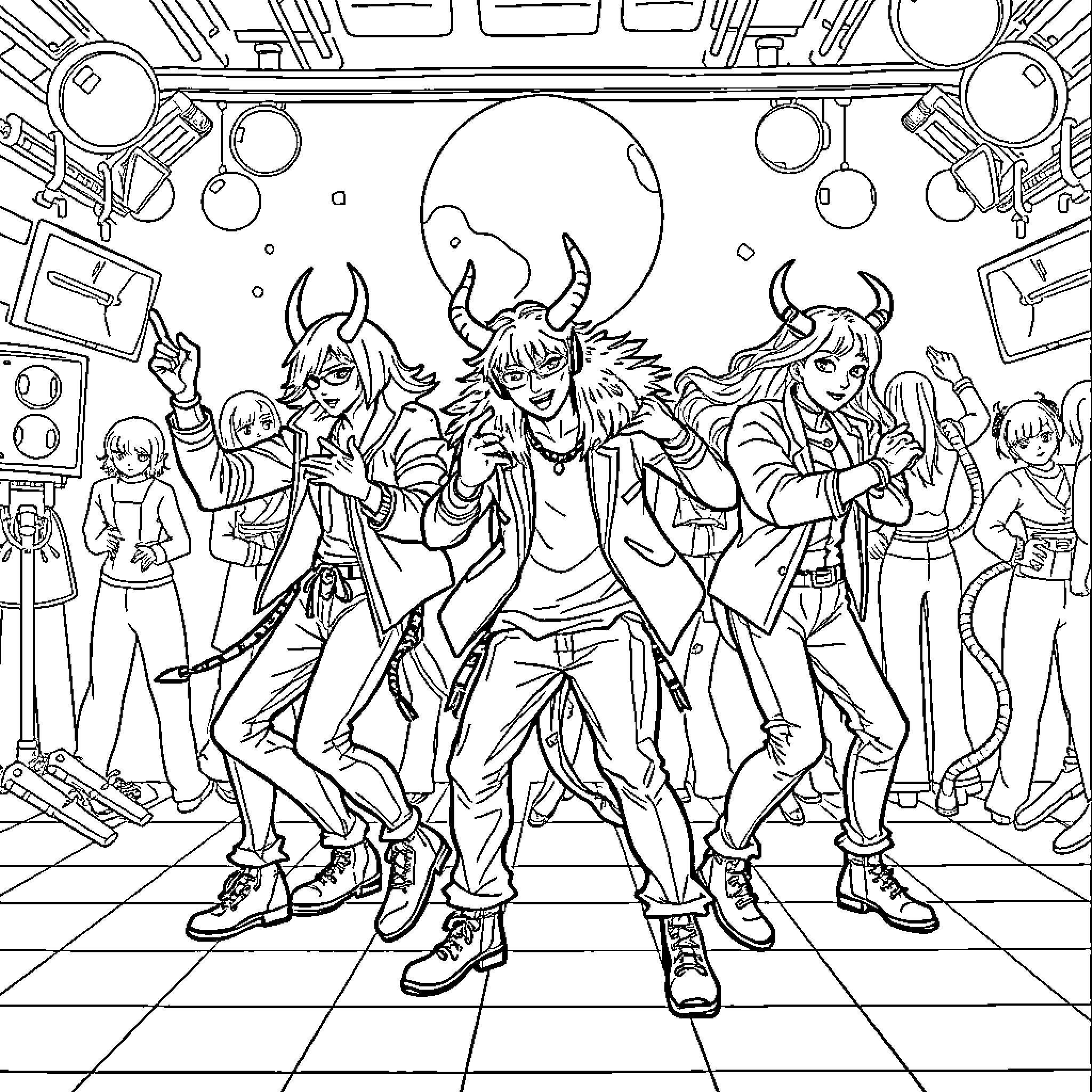 Demon Hunters in Action-Packed Scene Coloring Page (free black-and-white line drawing printable PDF for all, from beginners to advanced learners, including children, teens, adults, and seniors)