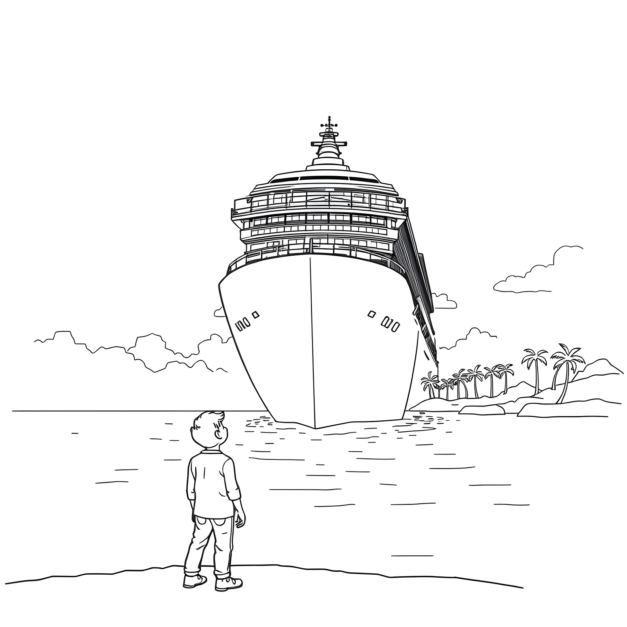 Cruise Ship at Tropical Pier with Silhouetted Figure Coloring Page (free black-and-white line drawing printable PDF for all, from beginners to advanced learners, including children, teens, adults, and seniors)