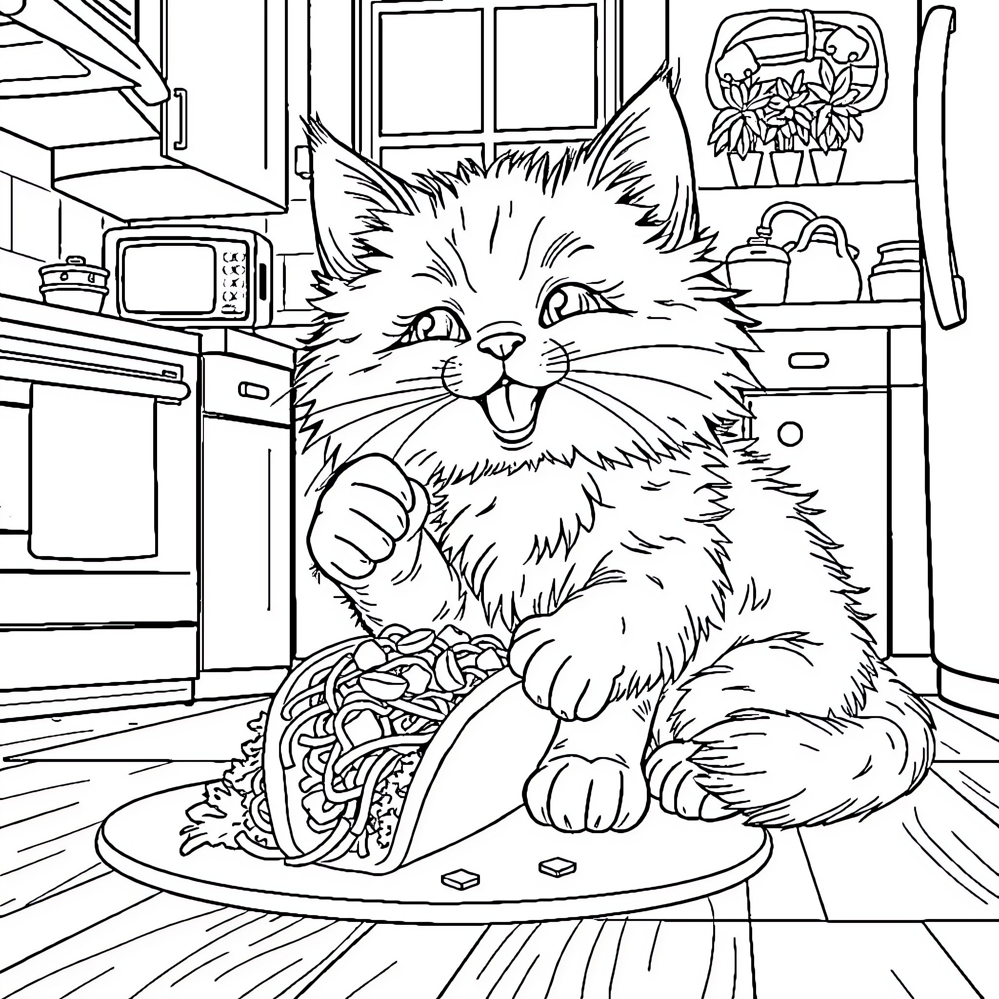 Cat enjoying a tasty meal in the kitchen Coloring Page (free black-and-white line drawing printable PDF for all, from beginners to advanced learners, including children, teens, adults, and seniors)