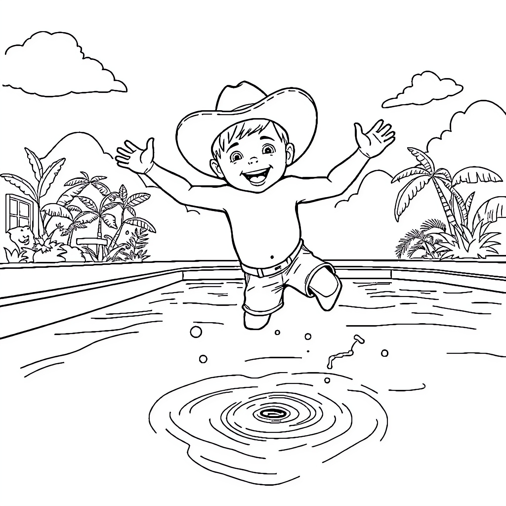 Boy splashing joyfully in the pool Coloring Page (free black-and-white line drawing printable PDF for all, from beginners to advanced learners, including children, teens, adults, and seniors)
