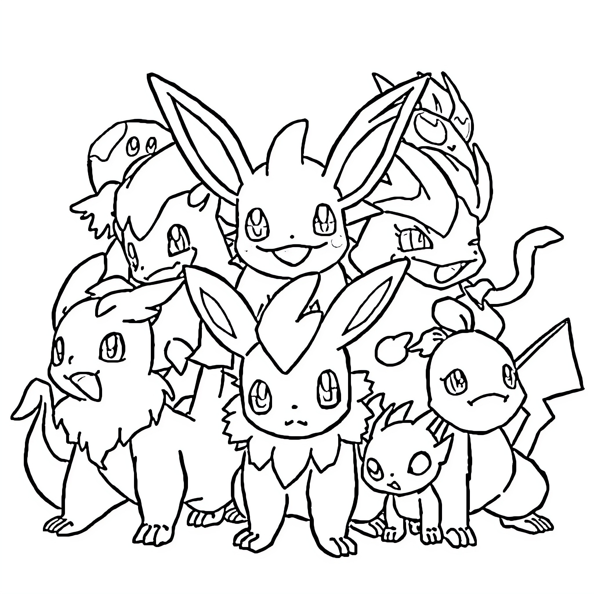 Palmon and Friends in a Playful Scene Coloring Page (free black-and-white line drawing printable PDF for all, from beginners to advanced learners, including children, teens, adults, and seniors)