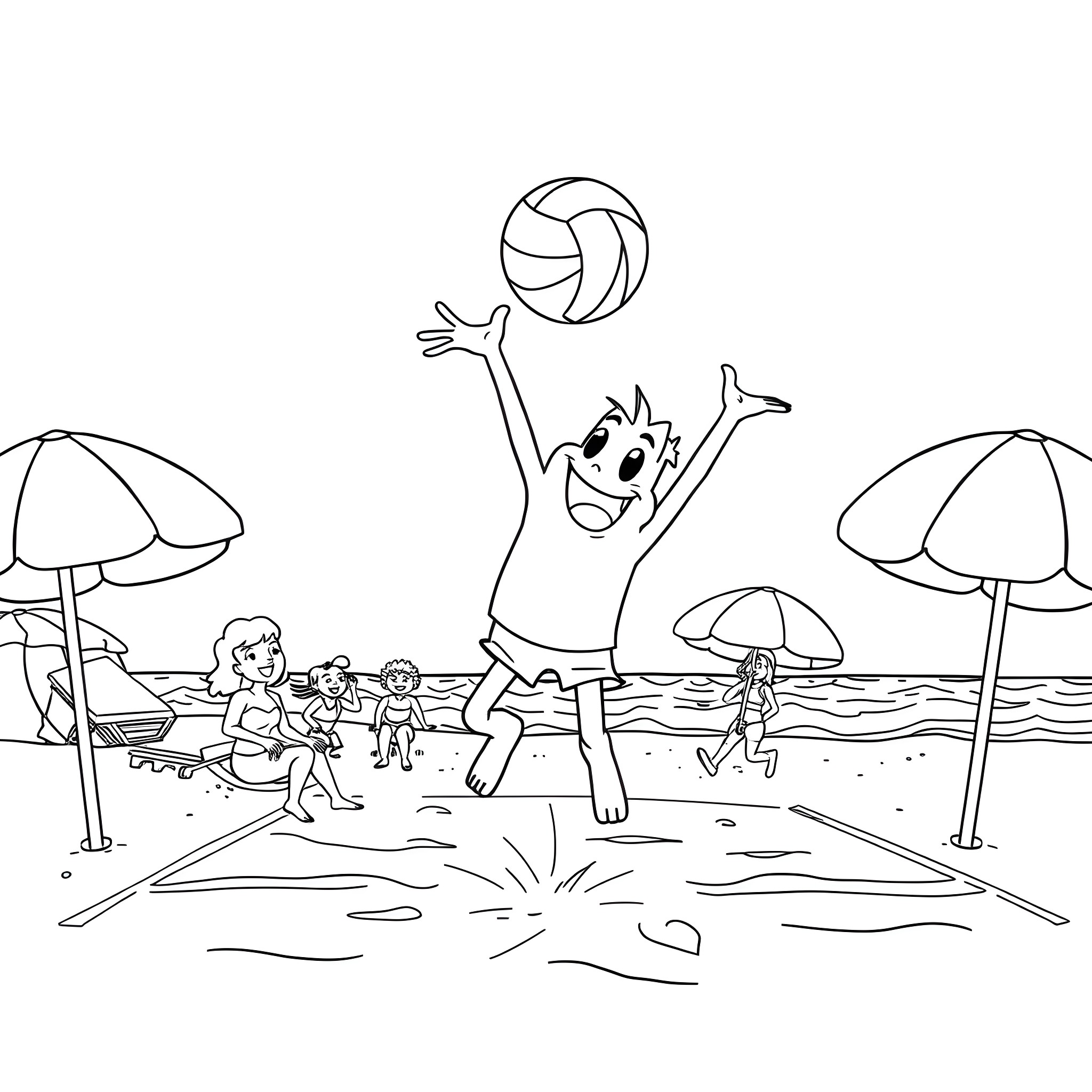Blippi playing volleyball with children on the beach Coloring Page (free black-and-white line drawing printable PDF for all, from beginners to advanced learners, including children, teens, adults, and seniors)