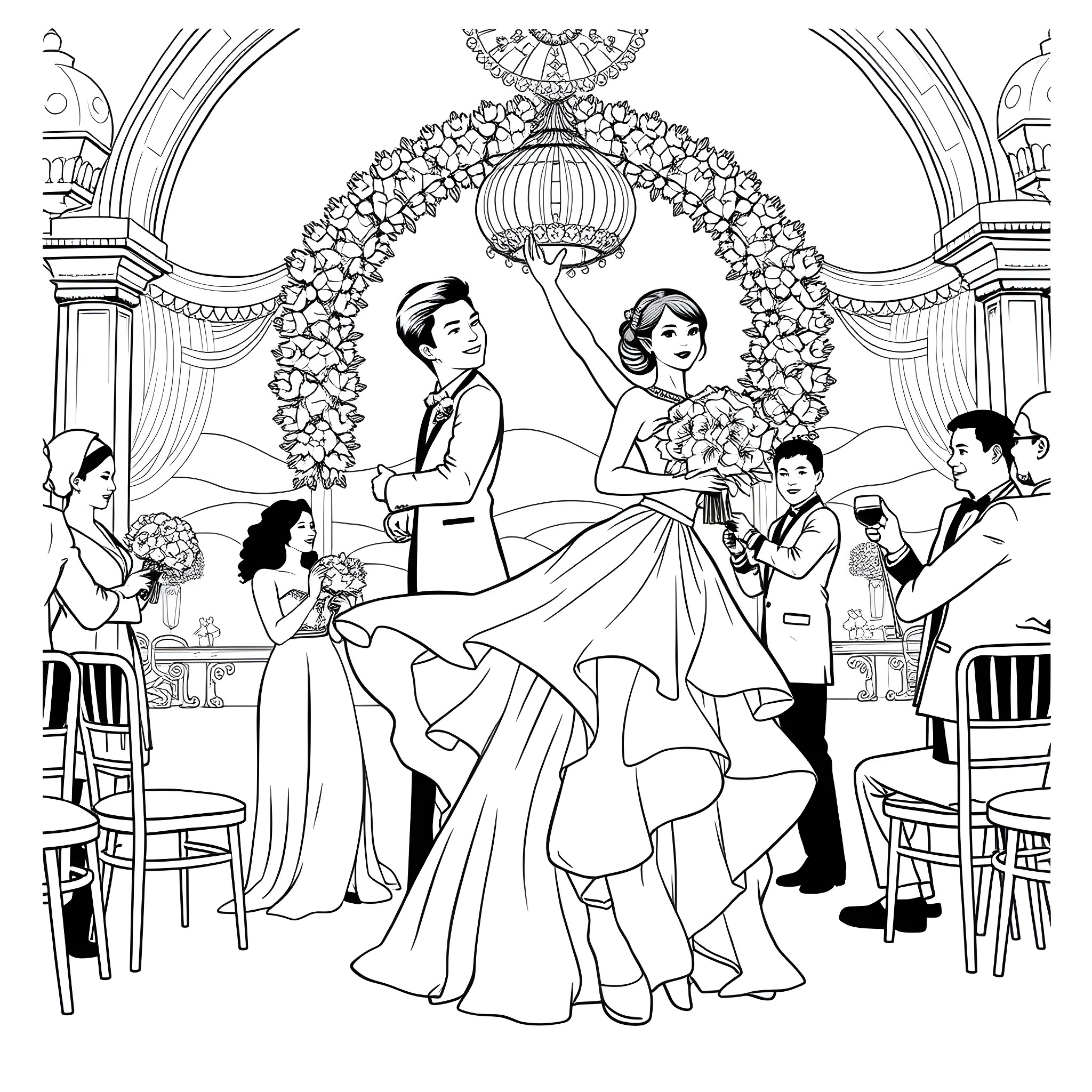 Ballerina's Elegant Wedding Celebration Coloring Page (free black-and-white line drawing printable PDF for all, from beginners to advanced learners, including children, teens, adults, and seniors)