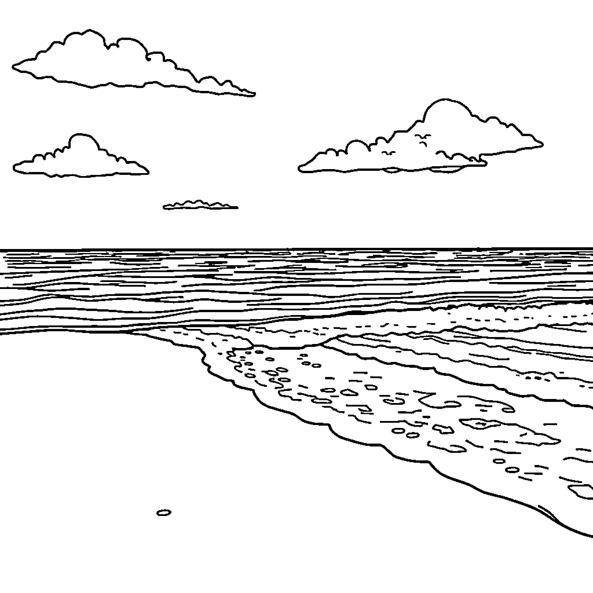 Beach Scenery with Cloudy Skies and Waves Coloring Page (free black-and-white line drawing printable PDF for all, from beginners to advanced learners, including children, teens, adults, and seniors)