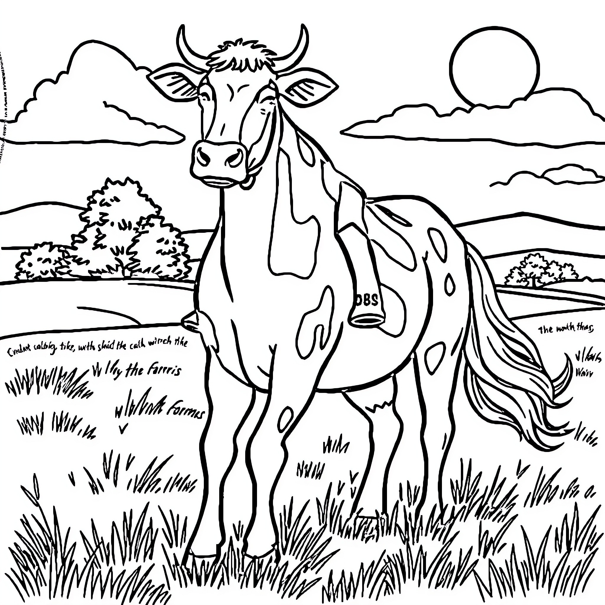 Cow standing proudly in rural landscape Coloring Page (free black-and-white line drawing printable PDF for all, from beginners to advanced learners, including children, teens, adults, and seniors)