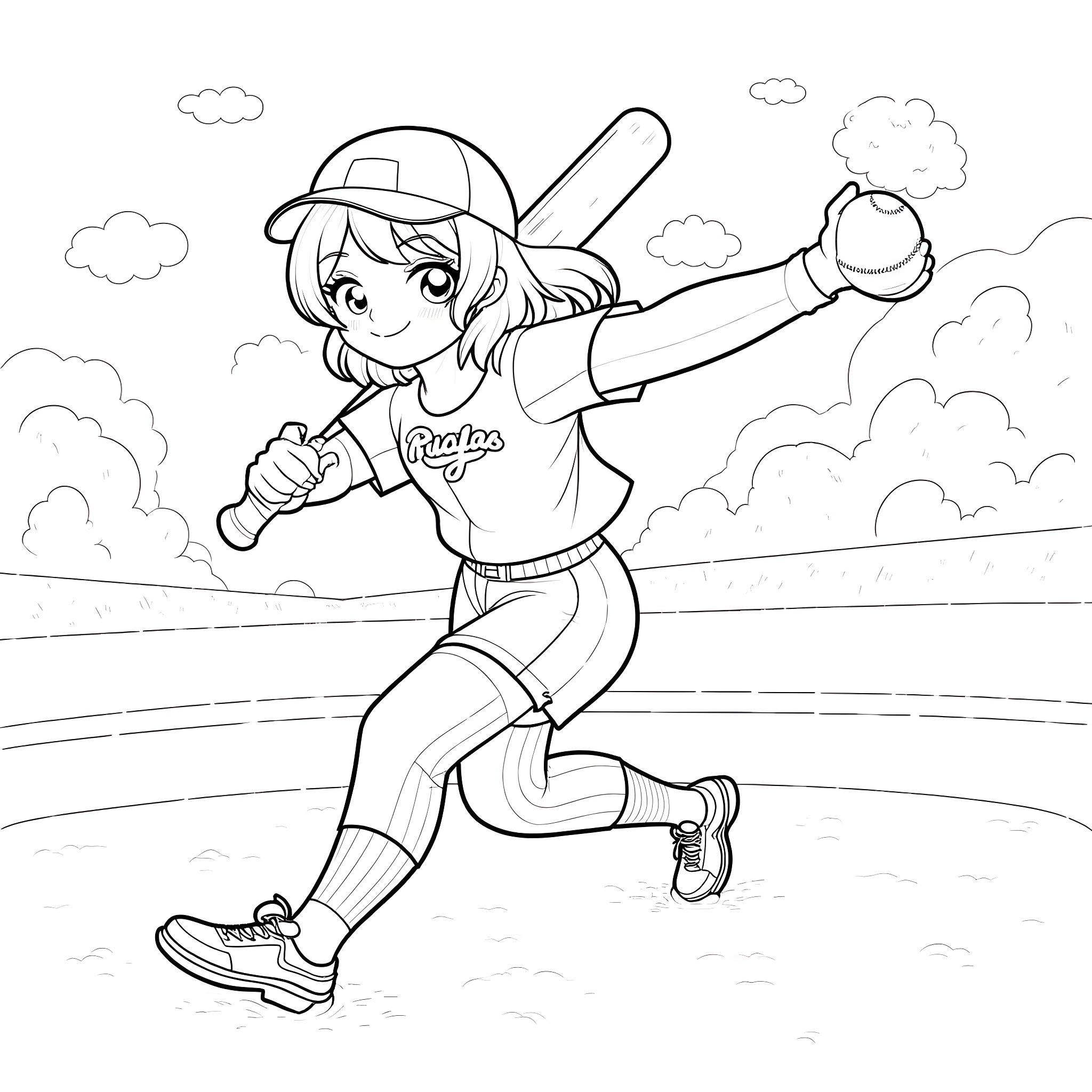 Kuromi playing baseball on the field Coloring Page (free black-and-white line drawing printable PDF for all, from beginners to advanced learners, including children, teens, adults, and seniors)