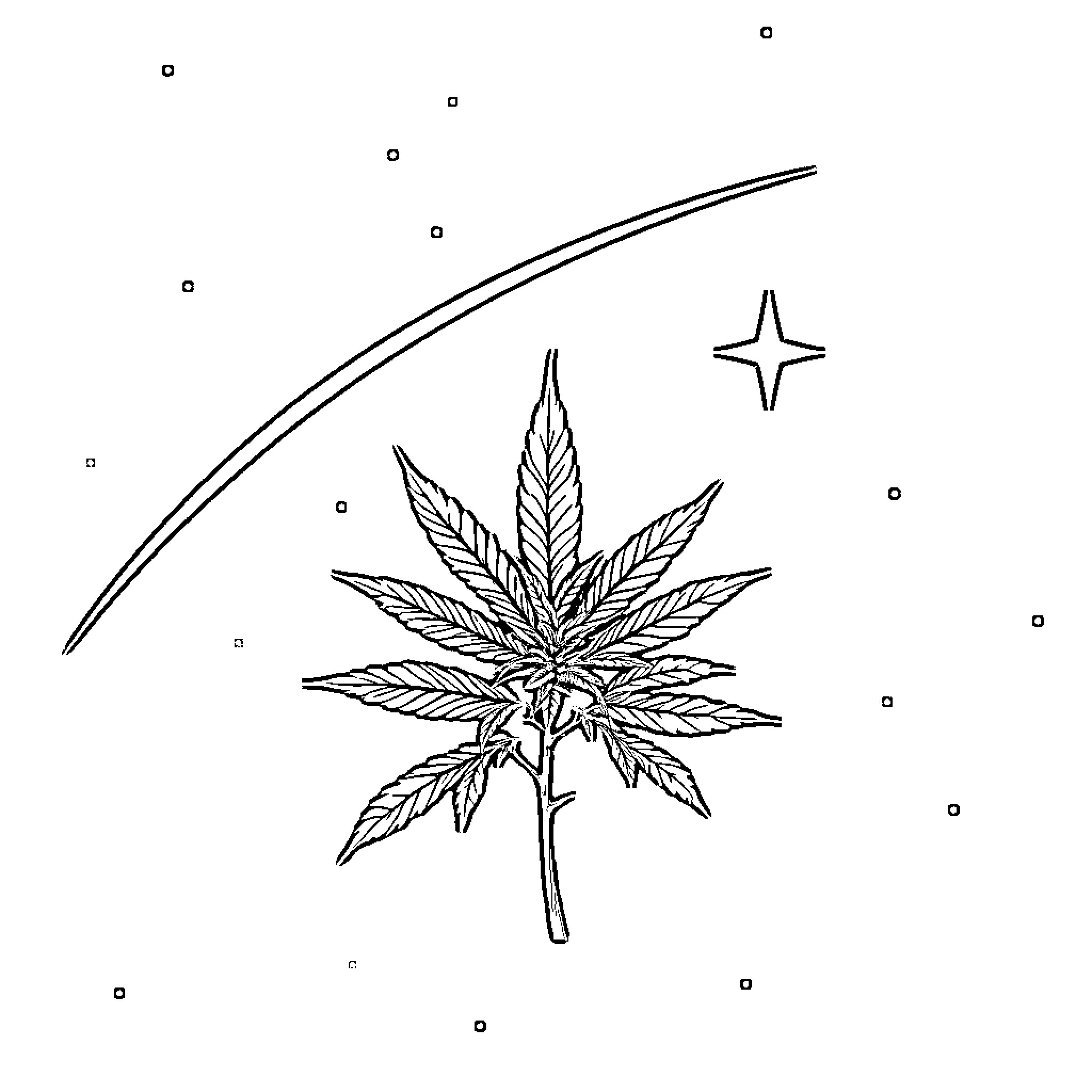 Marijuana plant reaching for the stars Coloring Page (free black-and-white line drawing printable PDF for all, from beginners to advanced learners, including children, teens, adults, and seniors)