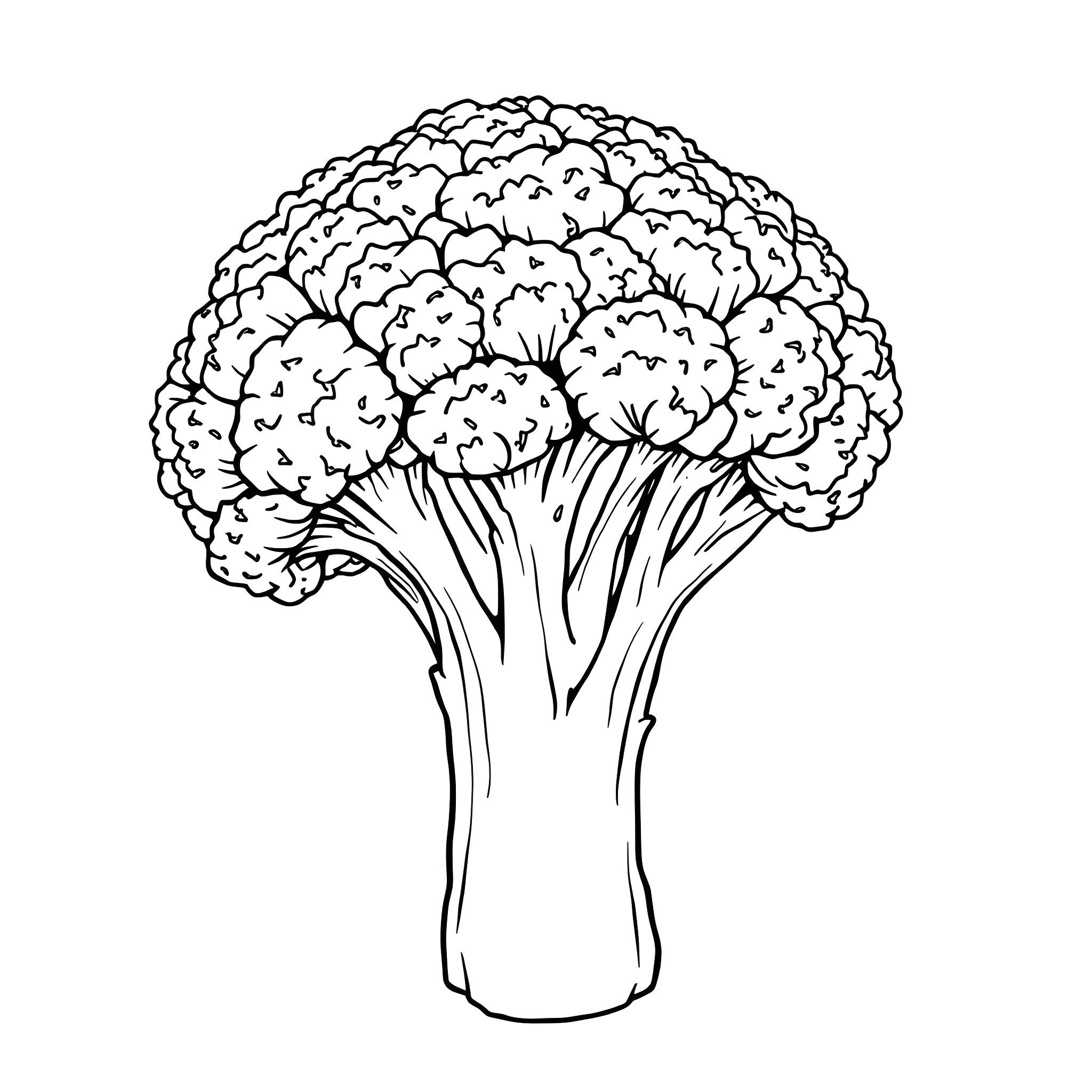 Broccoli florets in monochrome illustration Coloring Page (free black-and-white line drawing printable PDF for all, from beginners to advanced learners, including children, teens, adults, and seniors)