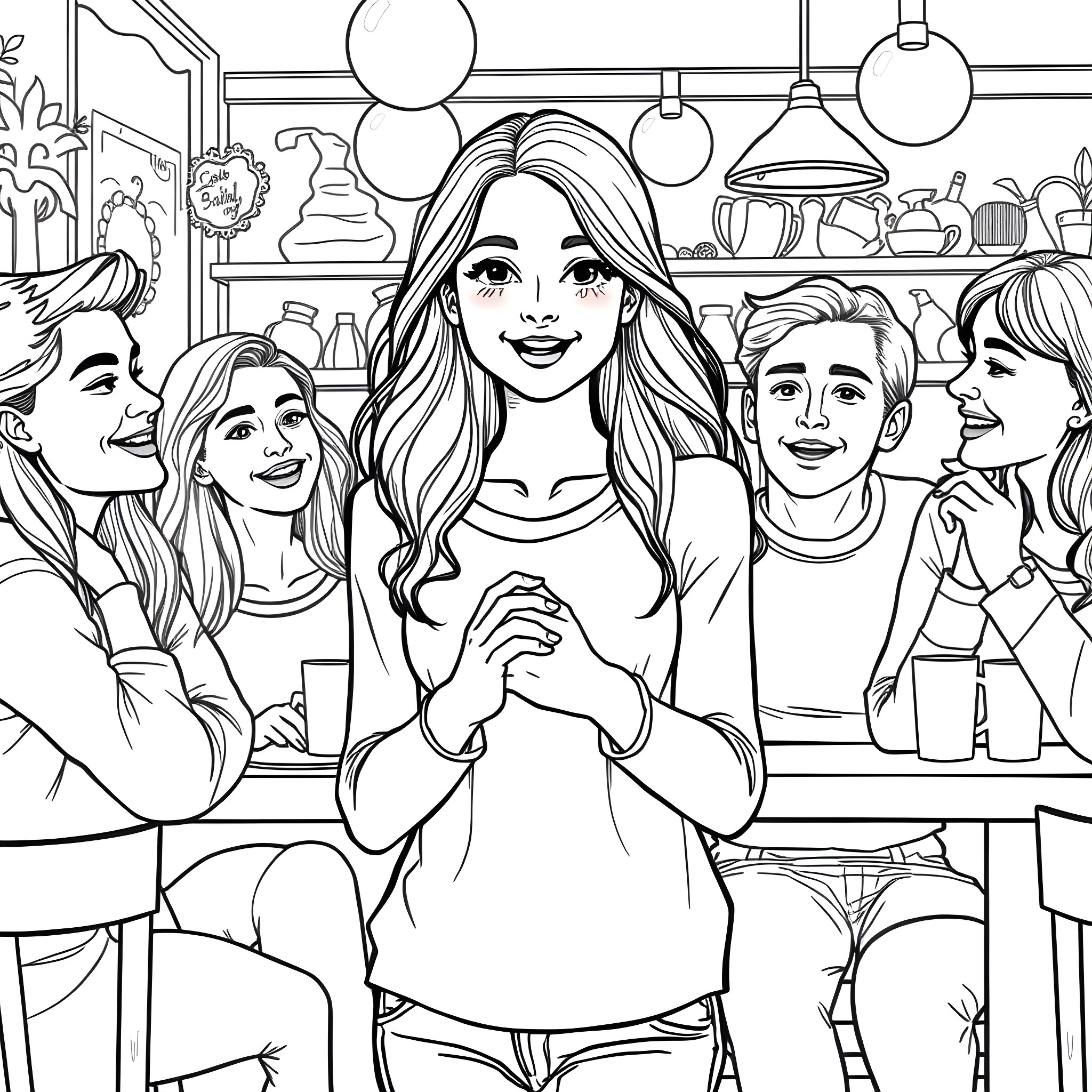 Woman surrounded by friends in a cozy cafe Coloring Page (free black-and-white line drawing printable PDF for all, from beginners to advanced learners, including children, teens, adults, and seniors)