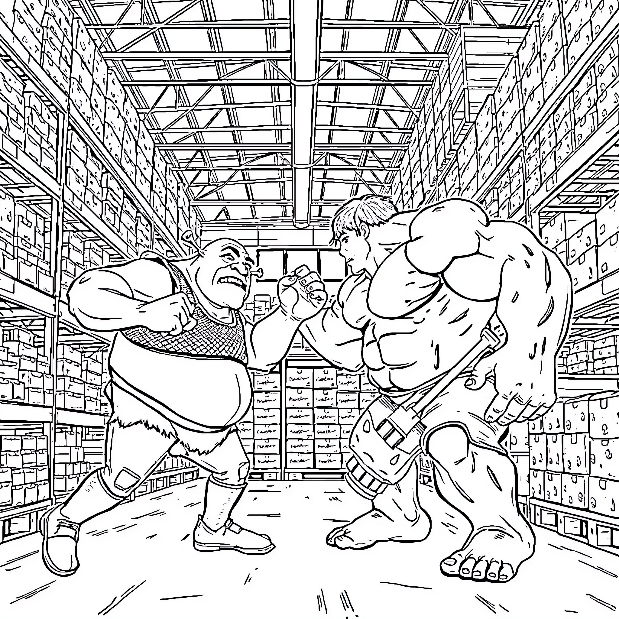 Shrek and Donkey's Warehouse Showdown Coloring Page (free black-and-white line drawing printable PDF for all, from beginners to advanced learners, including children, teens, adults, and seniors)