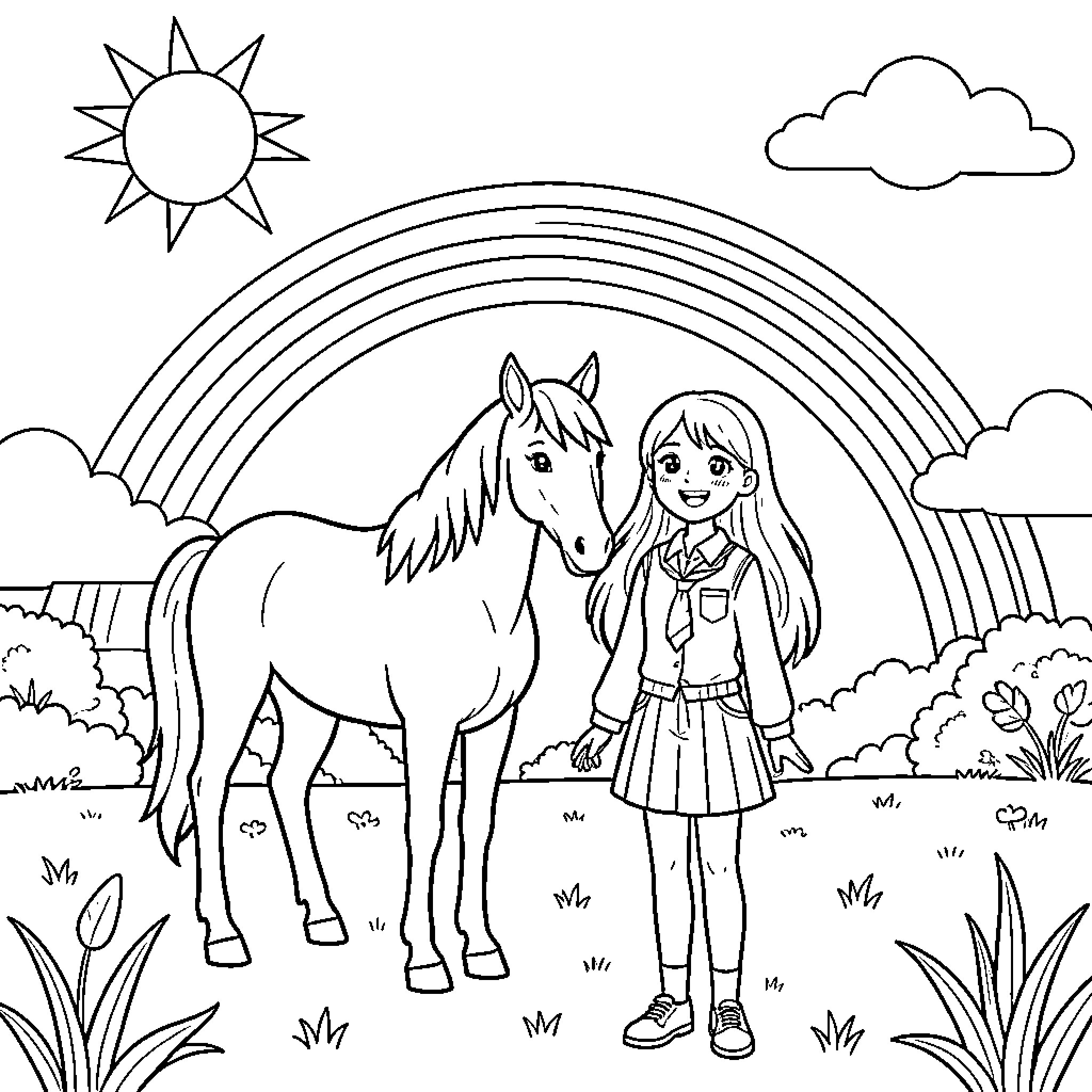 Horse and girl in a peaceful landscape Coloring Page (free black-and-white line drawing printable PDF for all, from beginners to advanced learners, including children, teens, adults, and seniors)