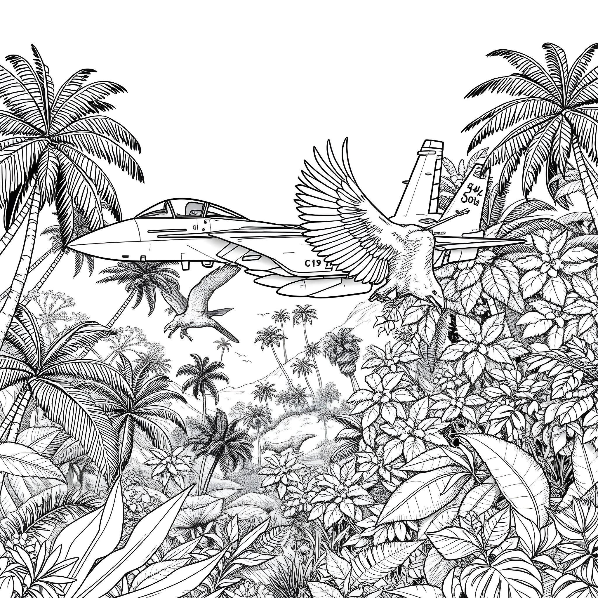 Eagle soaring over tropical paradise Coloring Page (free black-and-white line drawing printable PDF for all, from beginners to advanced learners, including children, teens, adults, and seniors)