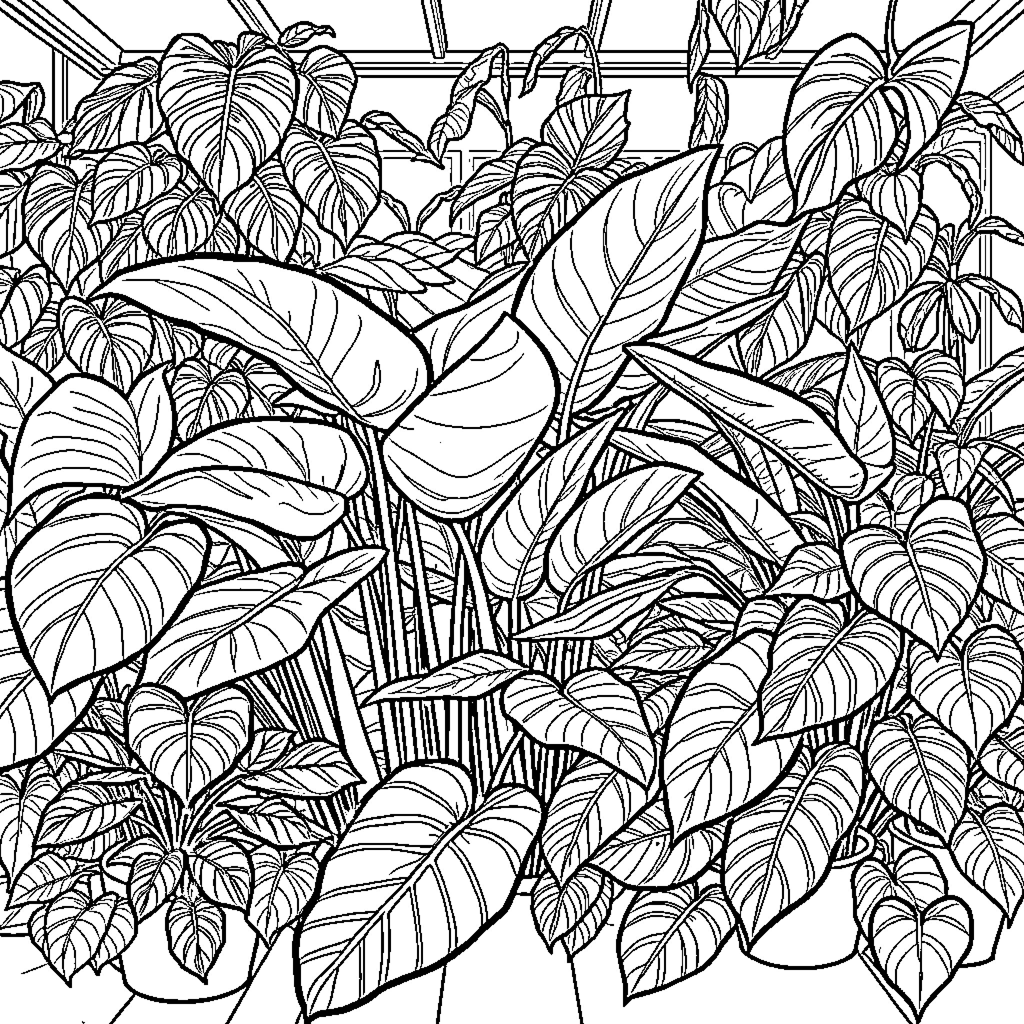 Plant life in a lush tropical setting Coloring Page (free black-and-white line drawing printable PDF for all, from beginners to advanced learners, including children, teens, adults, and seniors)