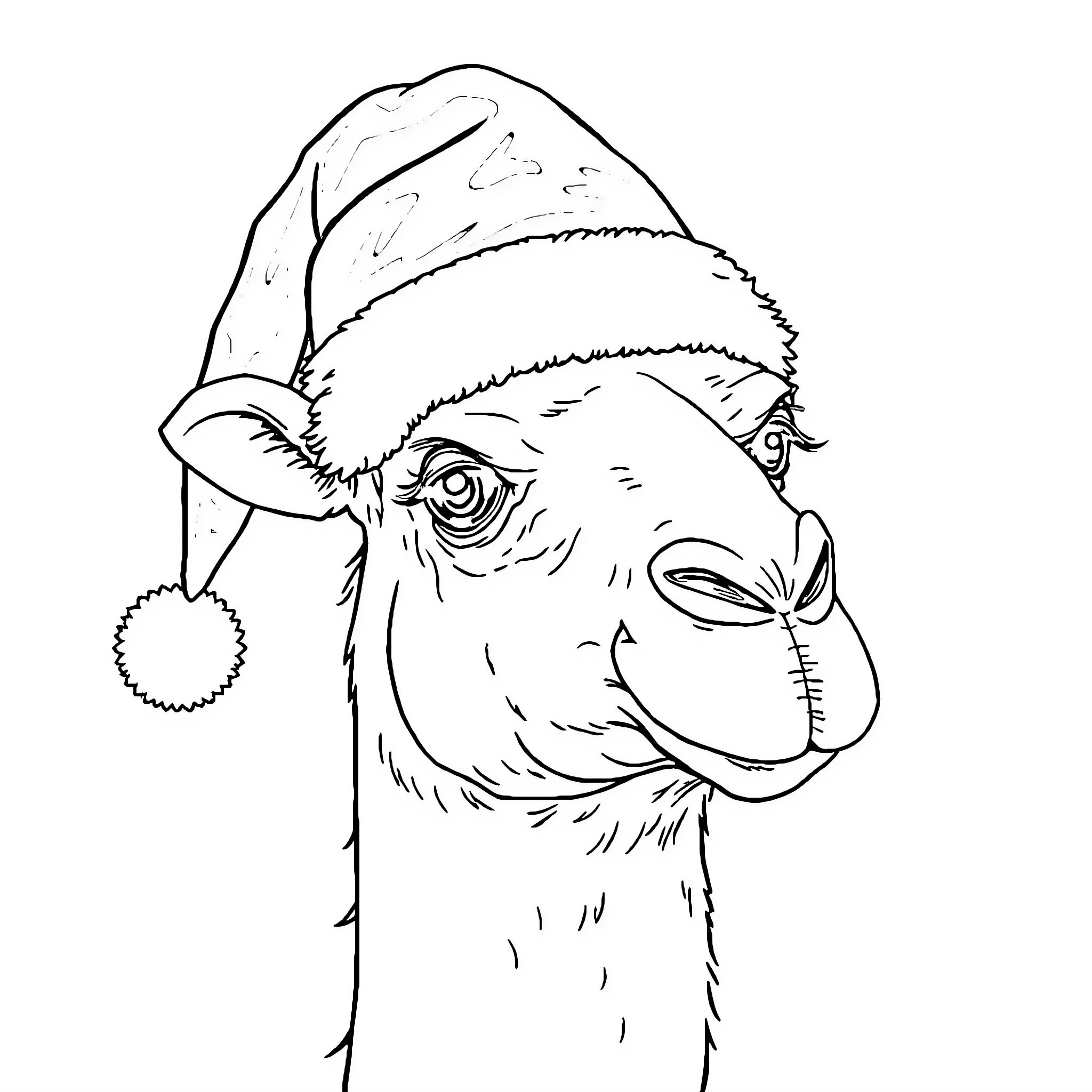 Camel wearing festive hat Coloring Page (free black-and-white line drawing printable PDF for all, from beginners to advanced learners, including children, teens, adults, and seniors)
