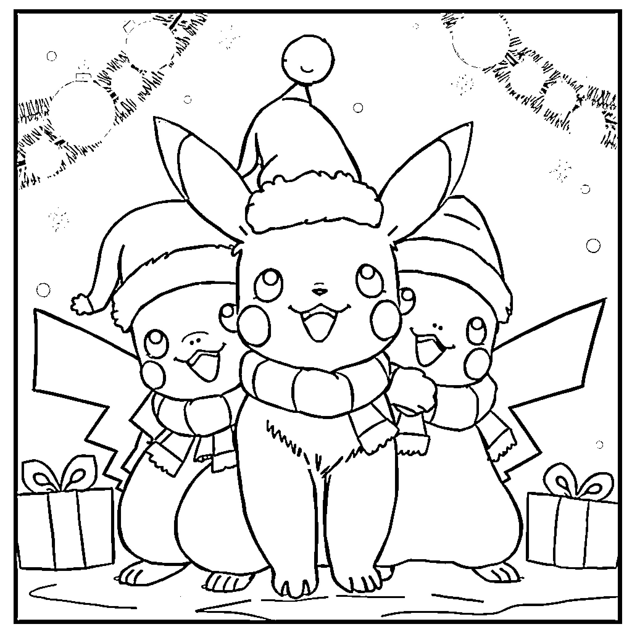 Pokémon Pikachus celebrating Christmas Coloring Page (free black-and-white line drawing printable PDF for all, from beginners to advanced learners, including children, teens, adults, and seniors)