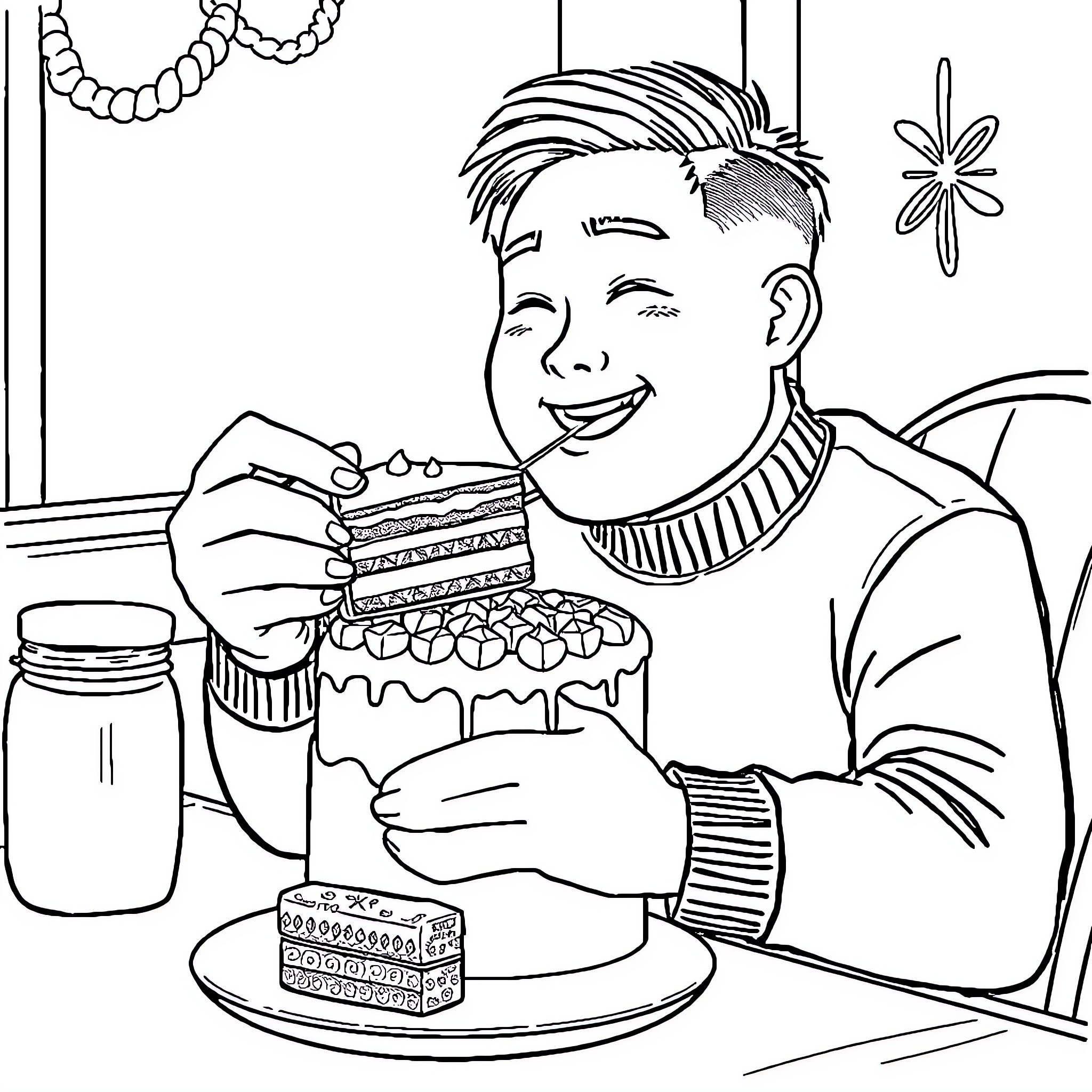 Ben Yen enjoying a delicious cake Coloring Page (free black-and-white line drawing printable PDF for all, from beginners to advanced learners, including children, teens, adults, and seniors)