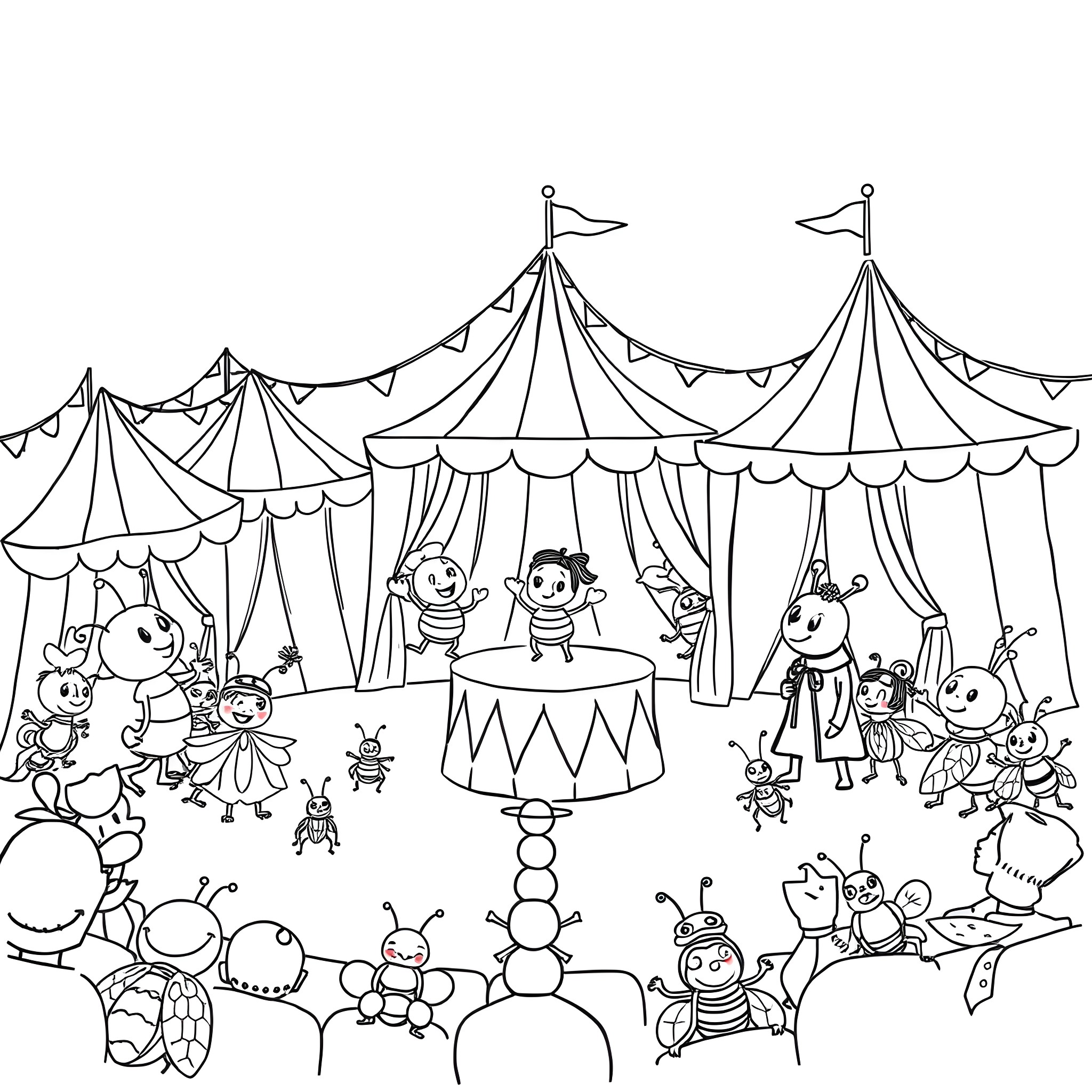 Rolly Pollies Attend a Whimsical Circus Performance Coloring Page (free black-and-white line drawing printable PDF for all, from beginners to advanced learners, including children, teens, adults, and seniors)