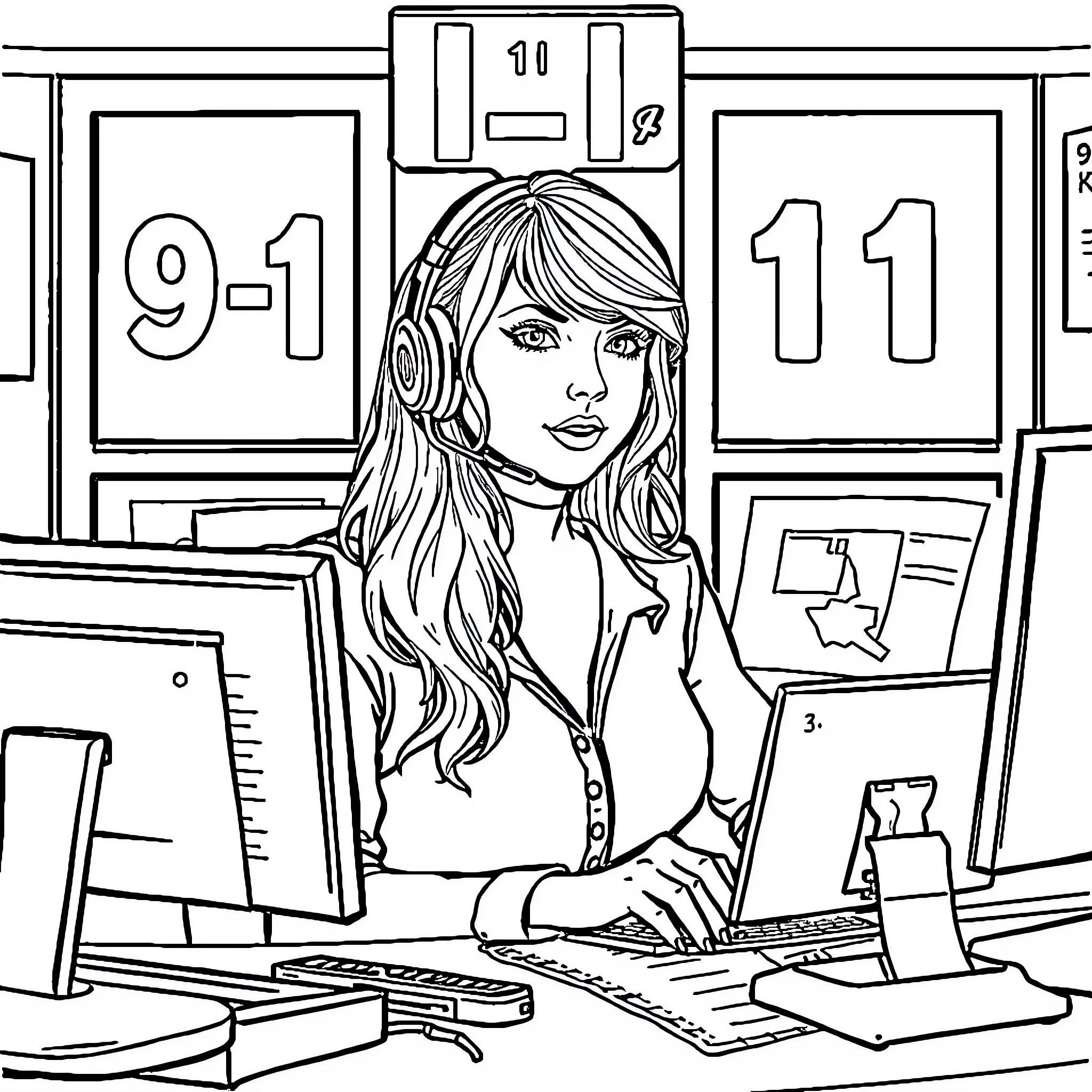 Taylor Swift working diligently at her desk Coloring Page (free black-and-white line drawing printable PDF for all, from beginners to advanced learners, including children, teens, adults, and seniors)