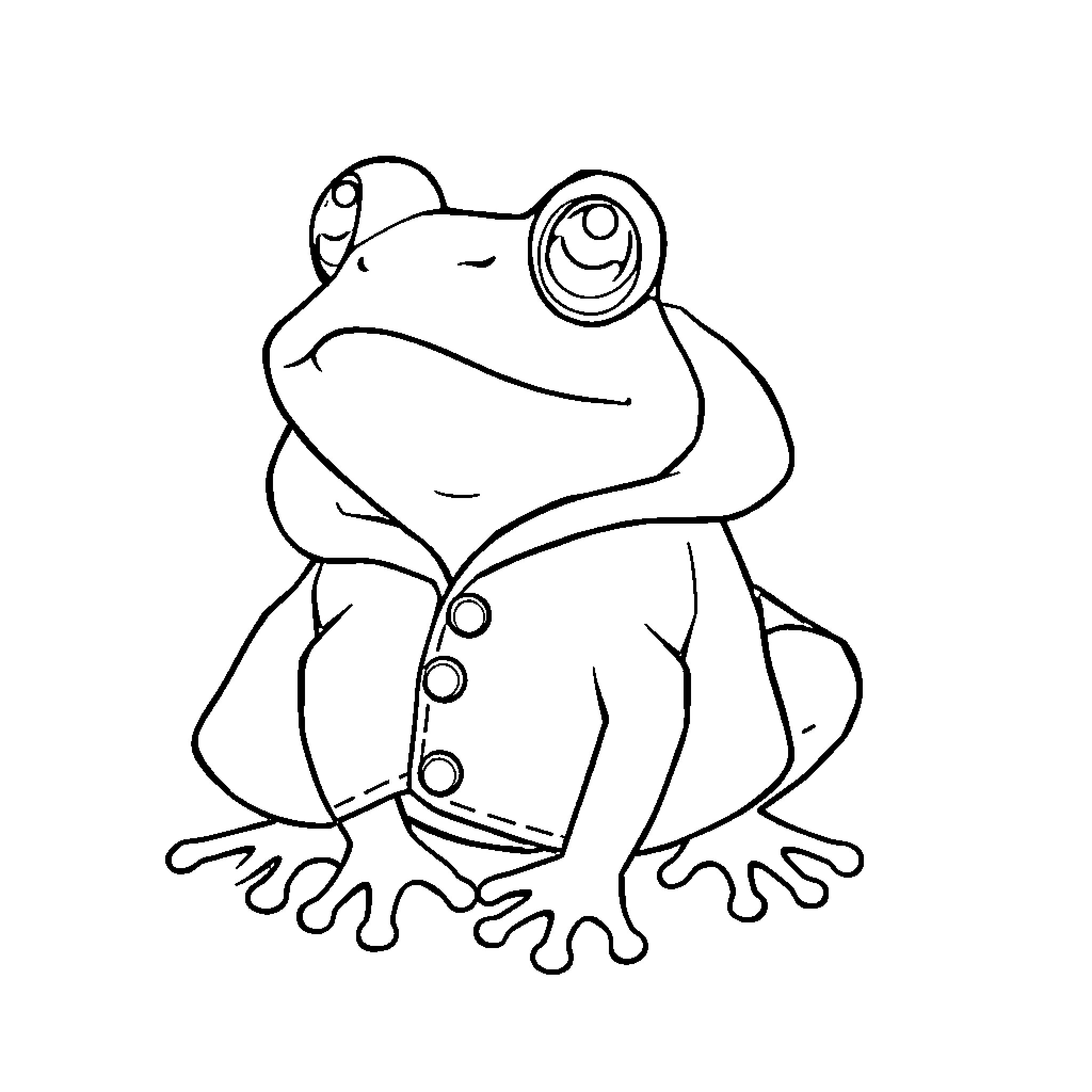 Frog wearing a coat and hat Coloring Page (free black-and-white line drawing printable PDF for all, from beginners to advanced learners, including children, teens, adults, and seniors)