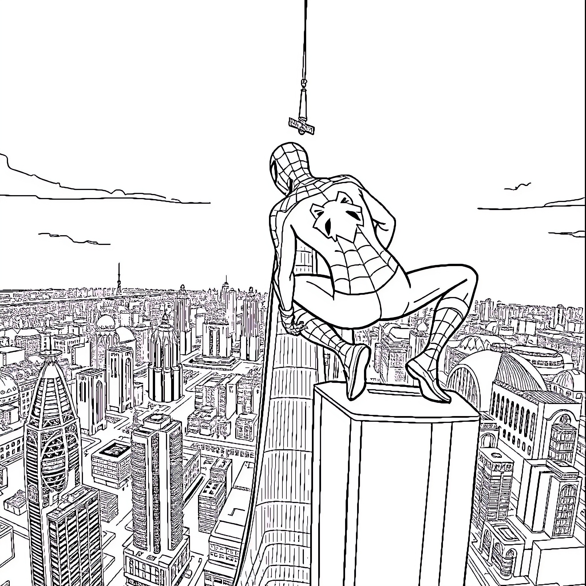 Spiderman swinging high above the city skyline Coloring Page (free black-and-white line drawing printable PDF for all, from beginners to advanced learners, including children, teens, adults, and seniors)