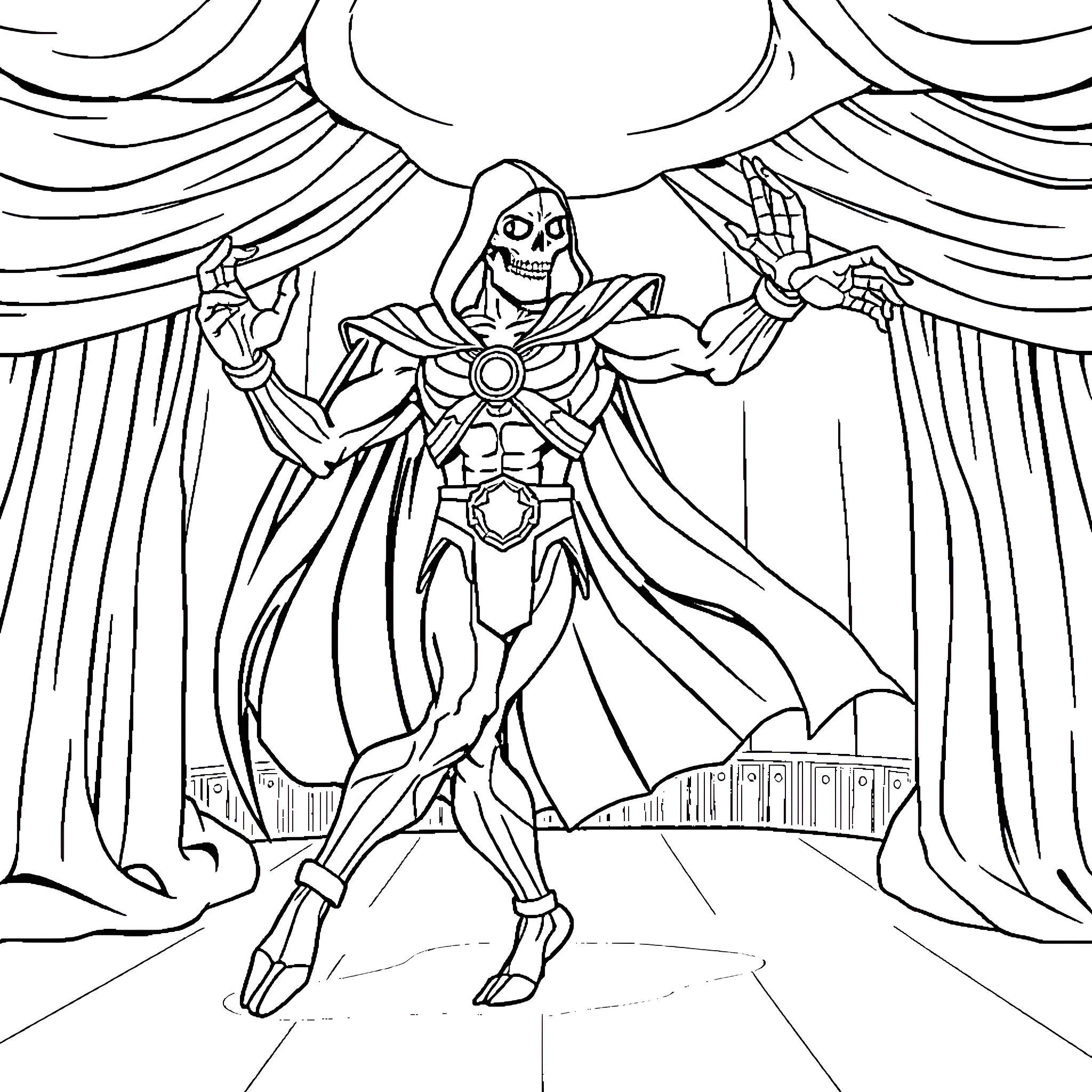 Skeletor's Theatrical Performance Coloring Page (free black-and-white line drawing printable PDF for all, from beginners to advanced learners, including children, teens, adults, and seniors)