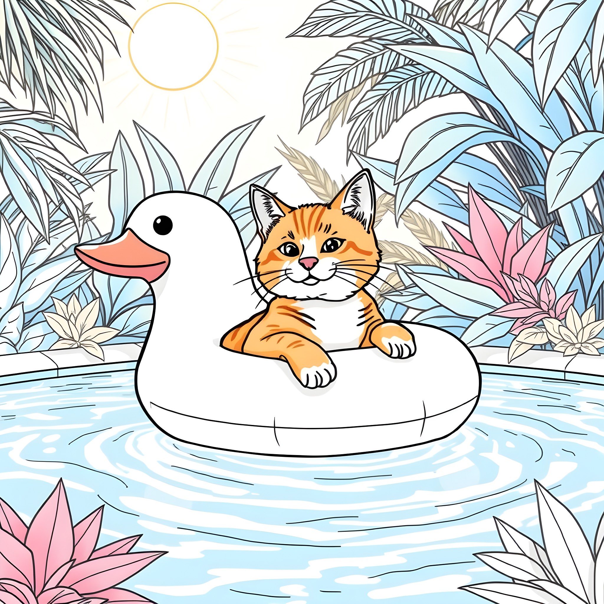 Cat relaxing on inflatable in tropical paradise Coloring Page (free black-and-white line drawing printable PDF for all, from beginners to advanced learners, including children, teens, adults, and seniors)