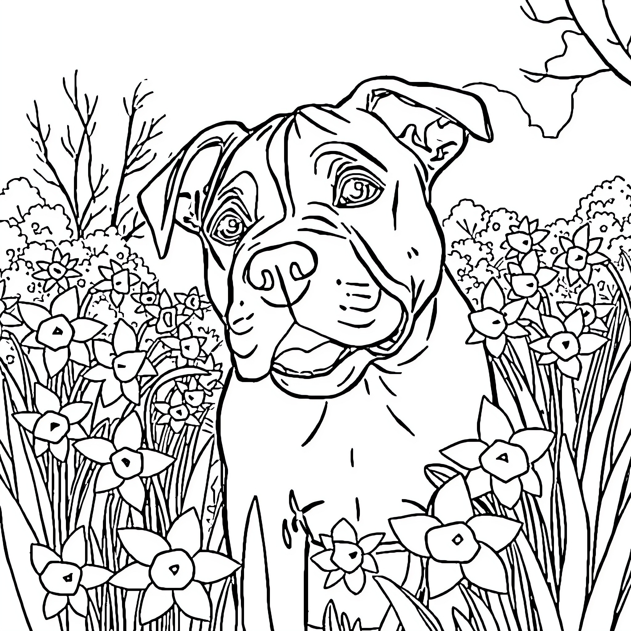 Pitbull sitting in a colorful floral garden Coloring Page (free black-and-white line drawing printable PDF for all, from beginners to advanced learners, including children, teens, adults, and seniors)