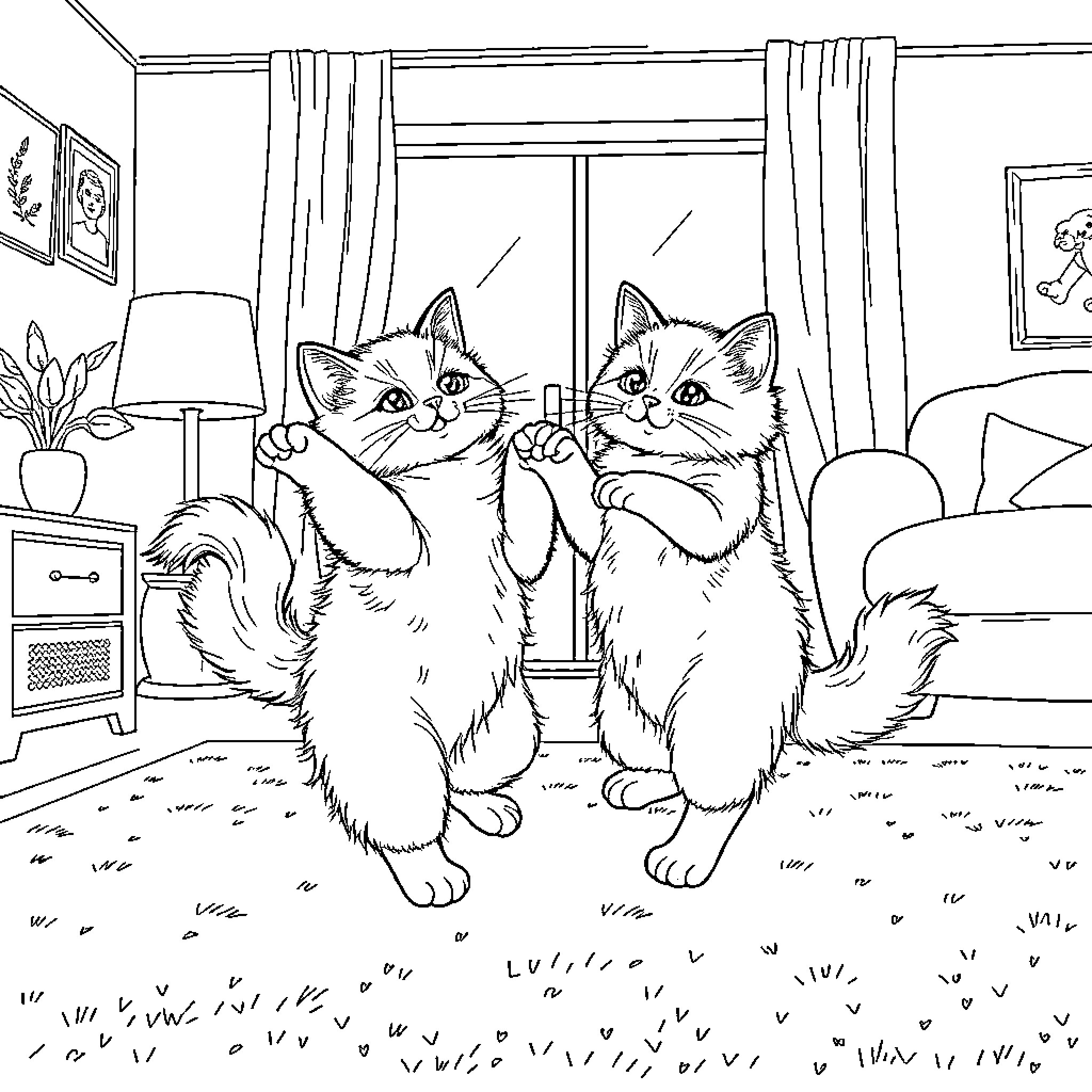 Cats exploring their indoor home Coloring Page (free black-and-white line drawing printable PDF for all, from beginners to advanced learners, including children, teens, adults, and seniors)