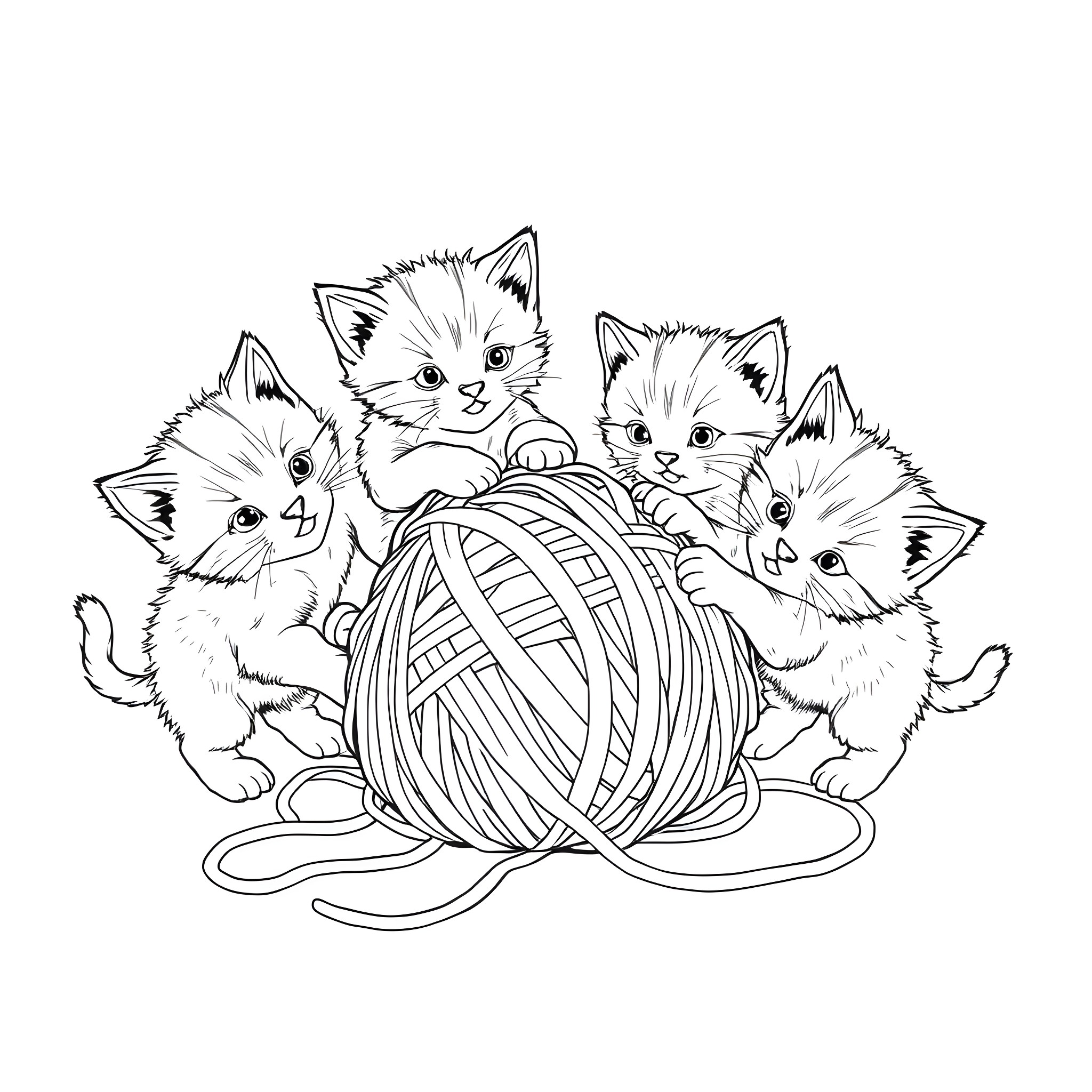Kittens playing with yarn ball Coloring Page (free black-and-white line drawing printable PDF for all, from beginners to advanced learners, including children, teens, adults, and seniors)