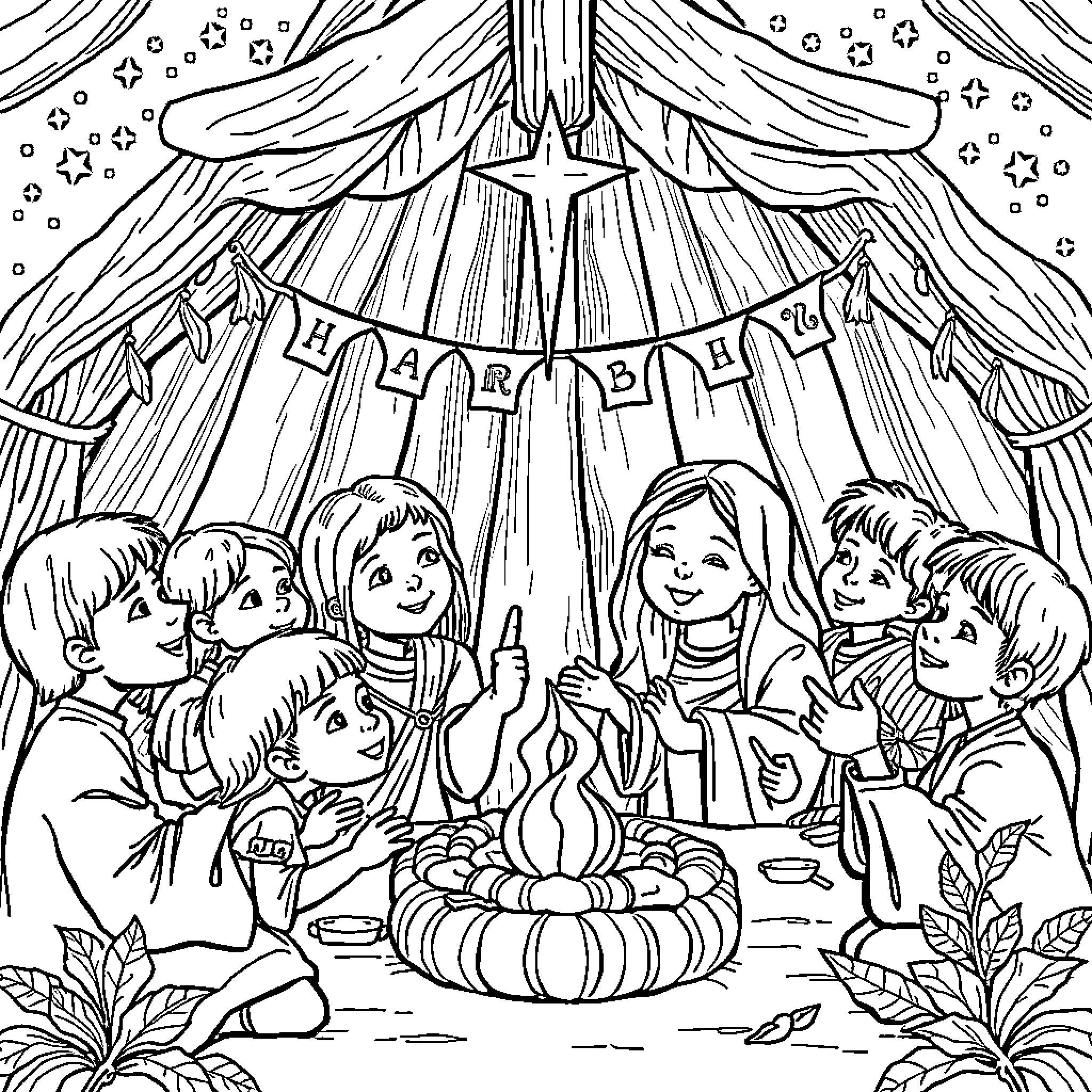 Children celebrating a holiday gathering Coloring Page (free black-and-white line drawing printable PDF for all, from beginners to advanced learners, including children, teens, adults, and seniors)