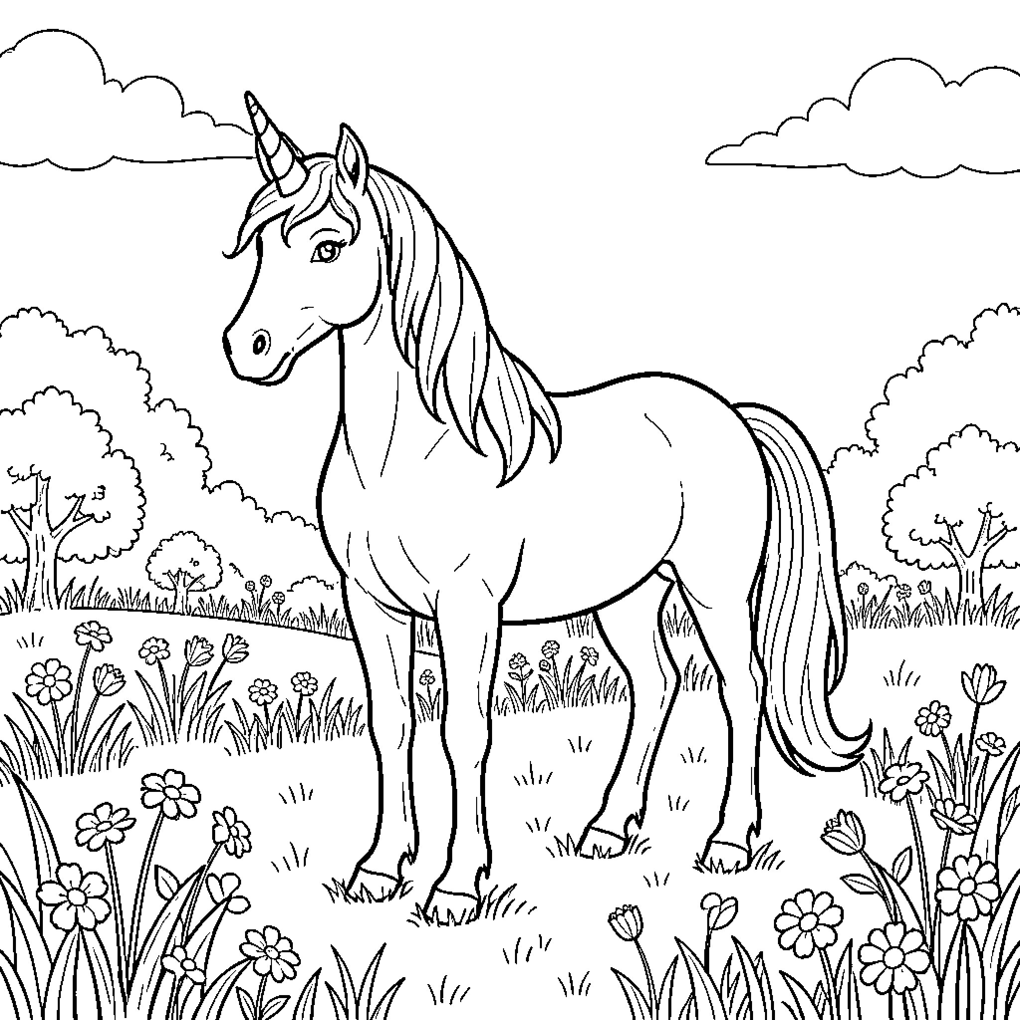 Unicorn standing peacefully in a flowery meadow Coloring Page (free black-and-white line drawing printable PDF for all, from beginners to advanced learners, including children, teens, adults, and seniors)
