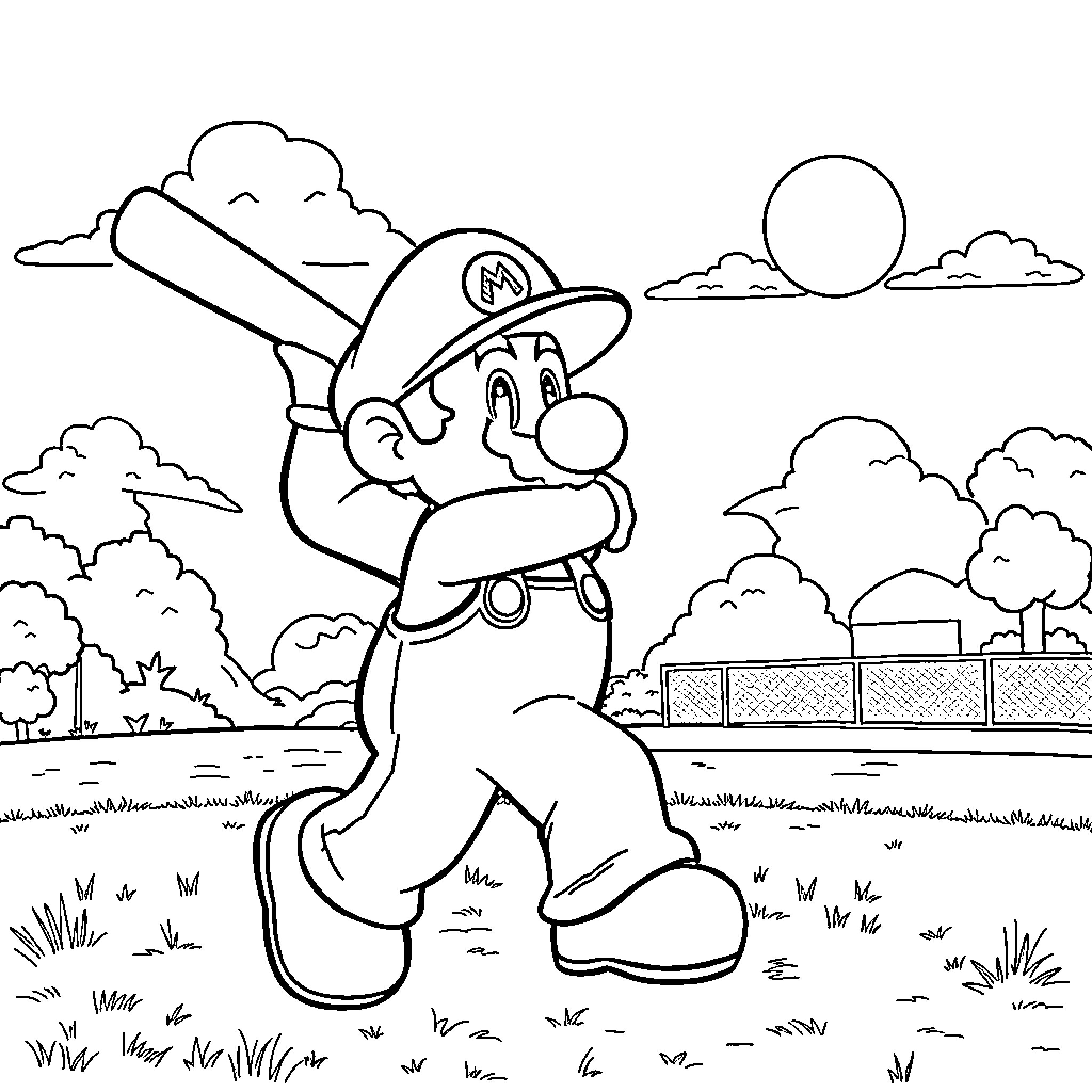 Mario's Joyful Outdoor Adventure Coloring Page (free black-and-white line drawing printable PDF for all, from beginners to advanced learners, including children, teens, adults, and seniors)