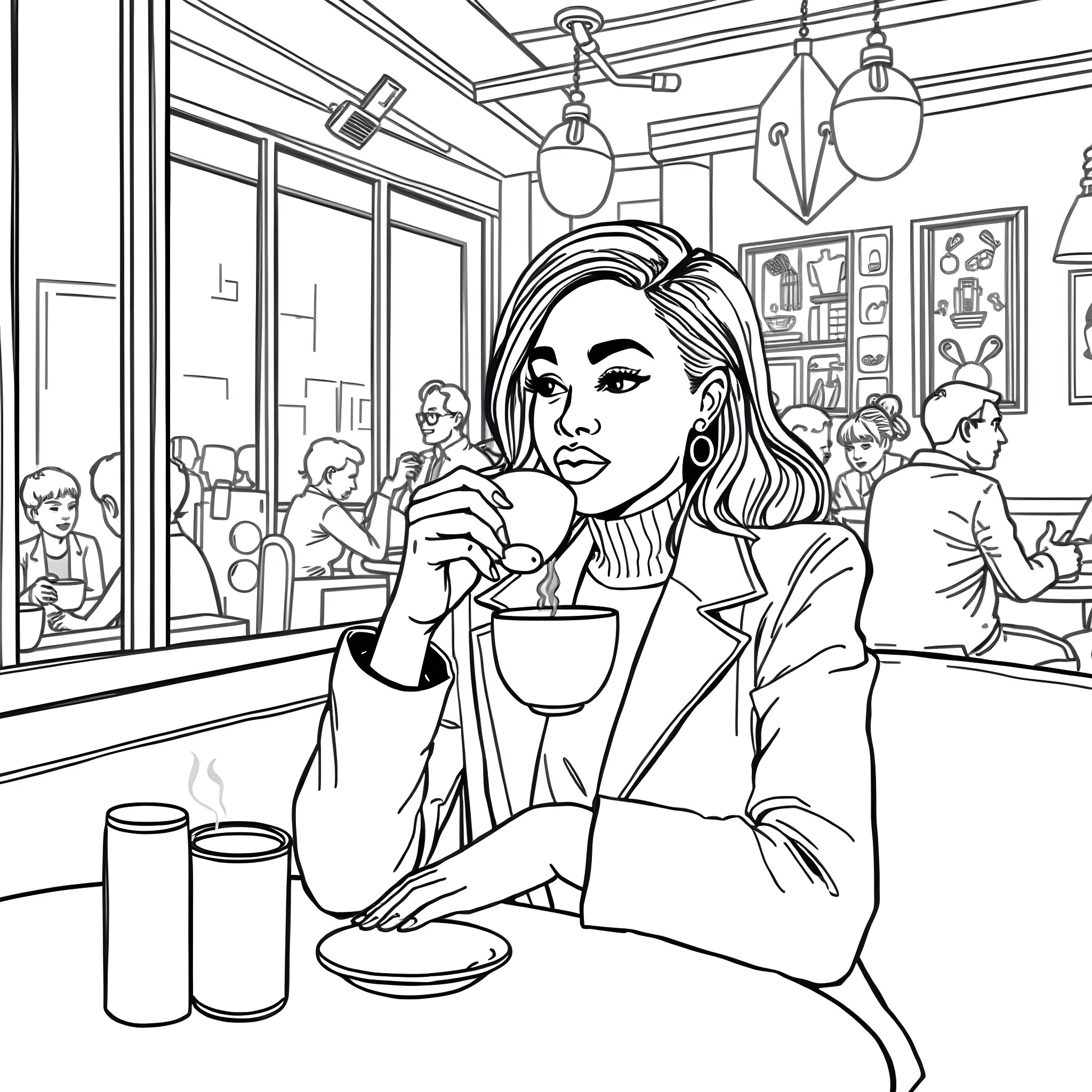 Woman drinking coffee in a cafe Coloring Page (free black-and-white line drawing printable PDF for all, from beginners to advanced learners, including children, teens, adults, and seniors)