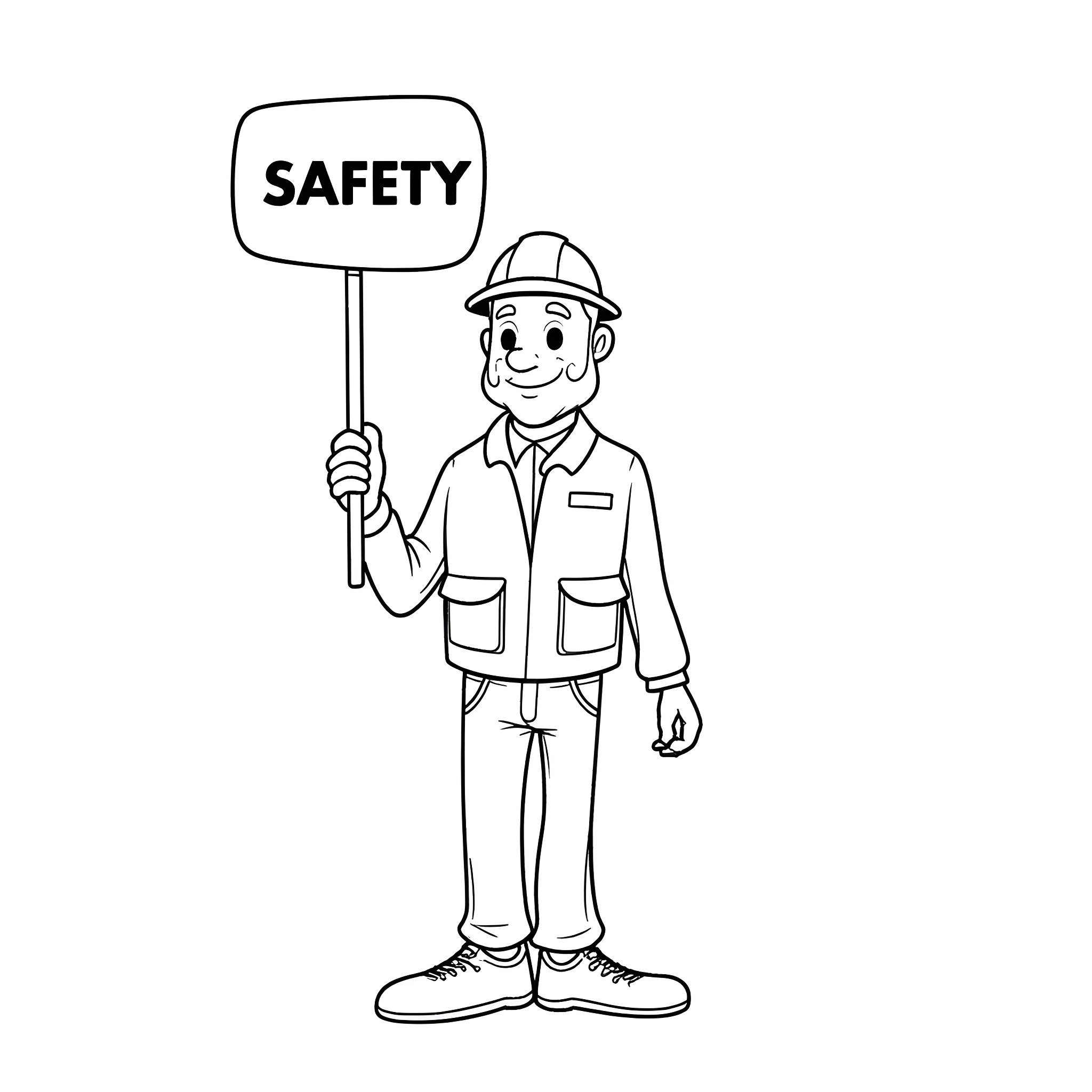 Safety Man Promoting Workplace Safety Practices Coloring Page (free black-and-white line drawing printable PDF for all, from beginners to advanced learners, including children, teens, adults, and seniors)
