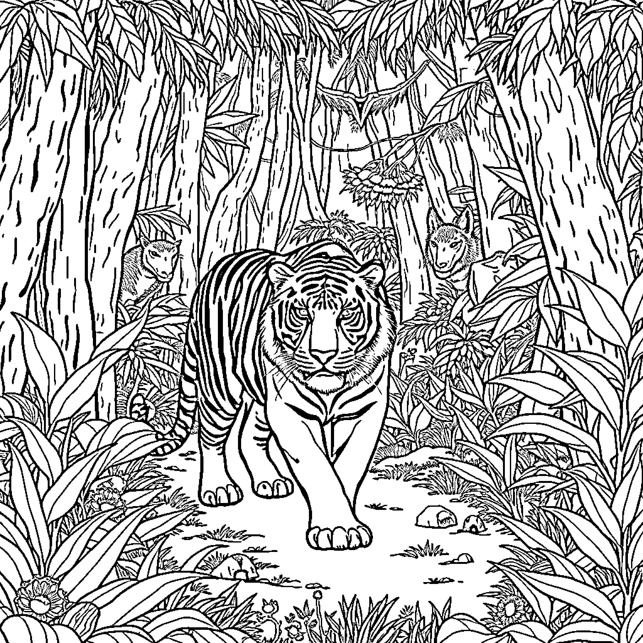 Tiger stalking in the dense jungle Coloring Page (free black-and-white line drawing printable PDF for all, from beginners to advanced learners, including children, teens, adults, and seniors)