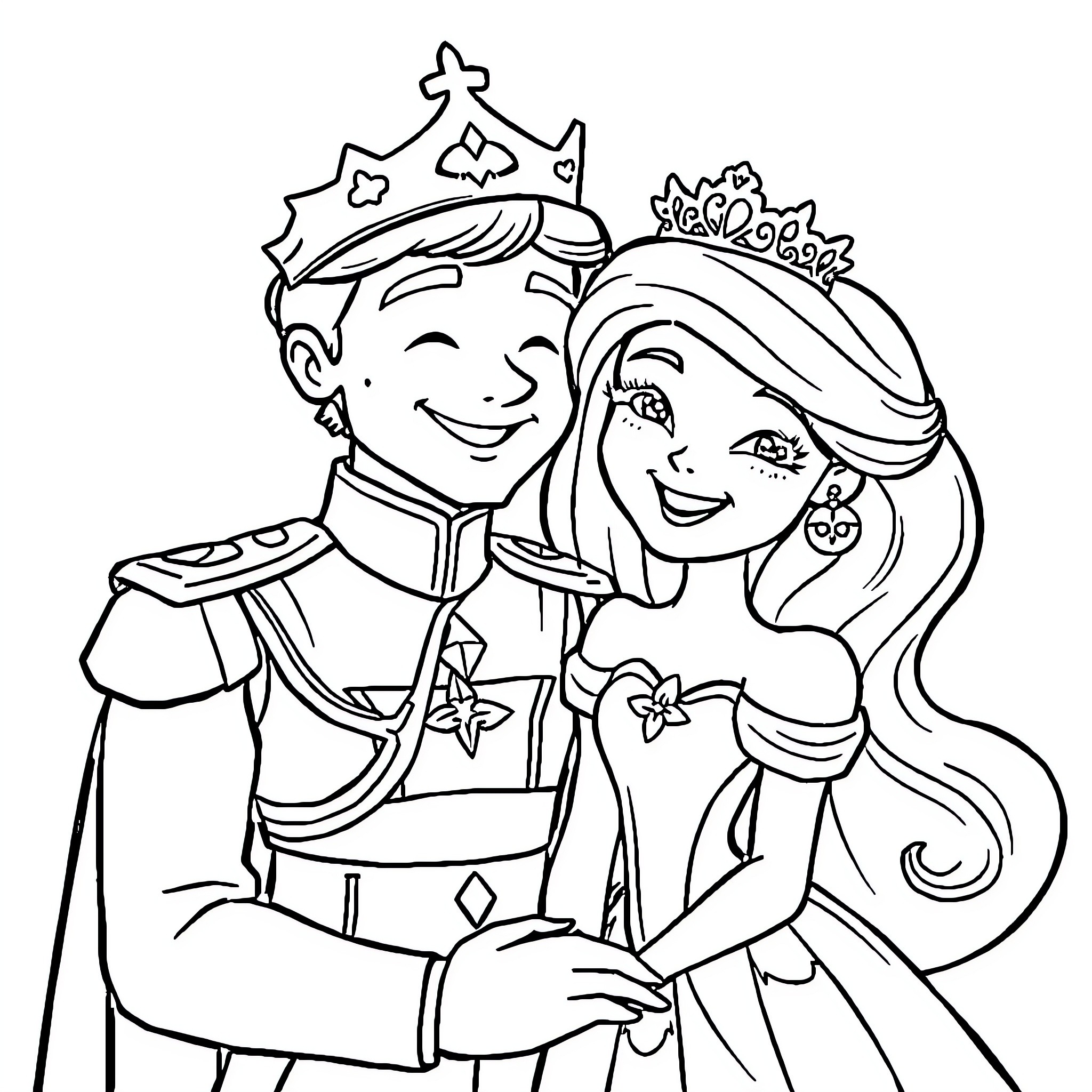 Prince and Princess in Royal Attire Coloring Page (free black-and-white line drawing printable PDF for all, from beginners to advanced learners, including children, teens, adults, and seniors)