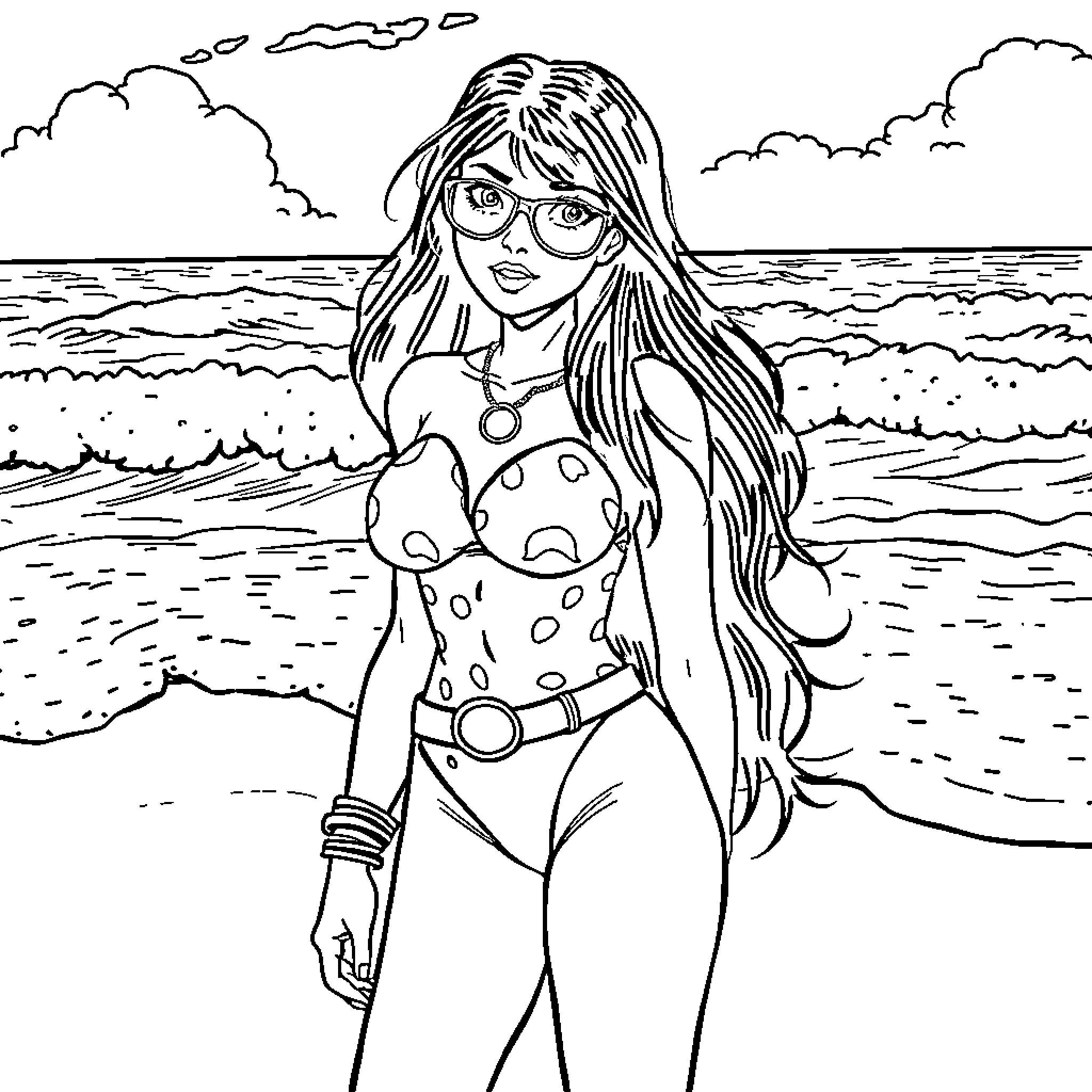 Nico Robbin enjoying the beachfront scenery Coloring Page (free black-and-white line drawing printable PDF for all, from beginners to advanced learners, including children, teens, adults, and seniors)