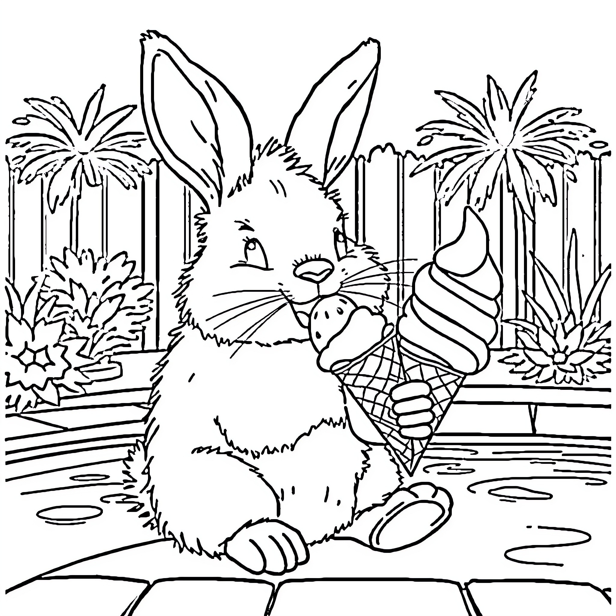 Rabbit enjoying an ice cream cone in a garden Coloring Page (free black-and-white line drawing printable PDF for all, from beginners to advanced learners, including children, teens, adults, and seniors)