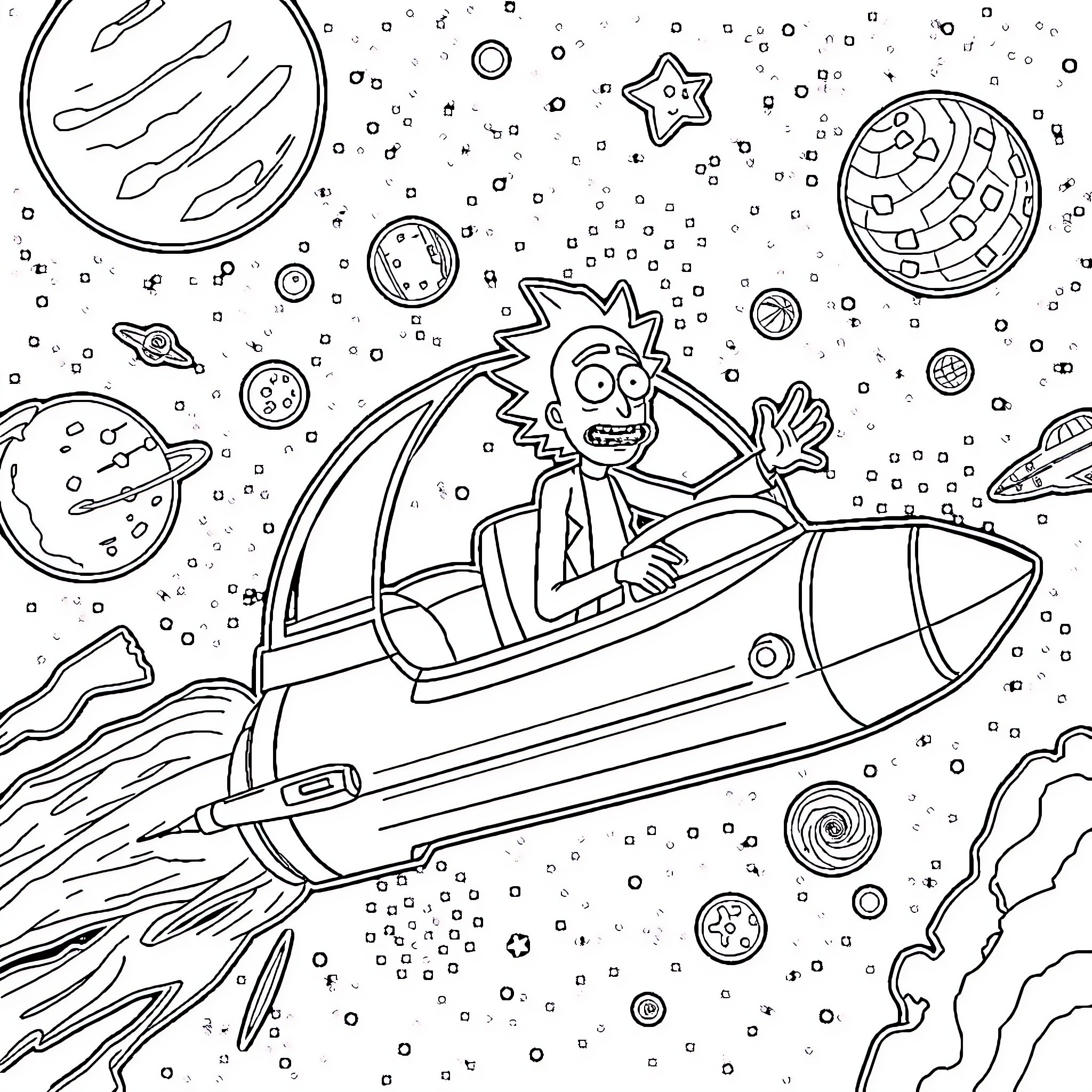 Rick And Morty Exploring the Cosmic Universe Coloring Page (free black-and-white line drawing printable PDF for all, from beginners to advanced learners, including children, teens, adults, and seniors)
