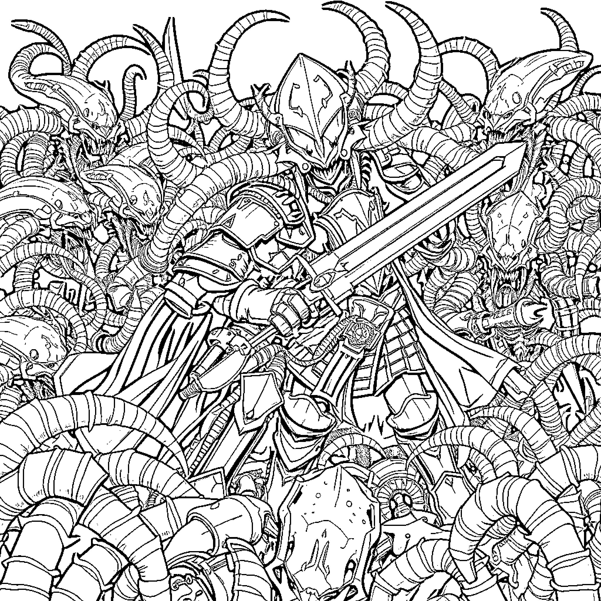 Grey Knight's Intense Battle Amid Fantastic Creatures Coloring Page (free black-and-white line drawing printable PDF for all, from beginners to advanced learners, including children, teens, adults, and seniors)