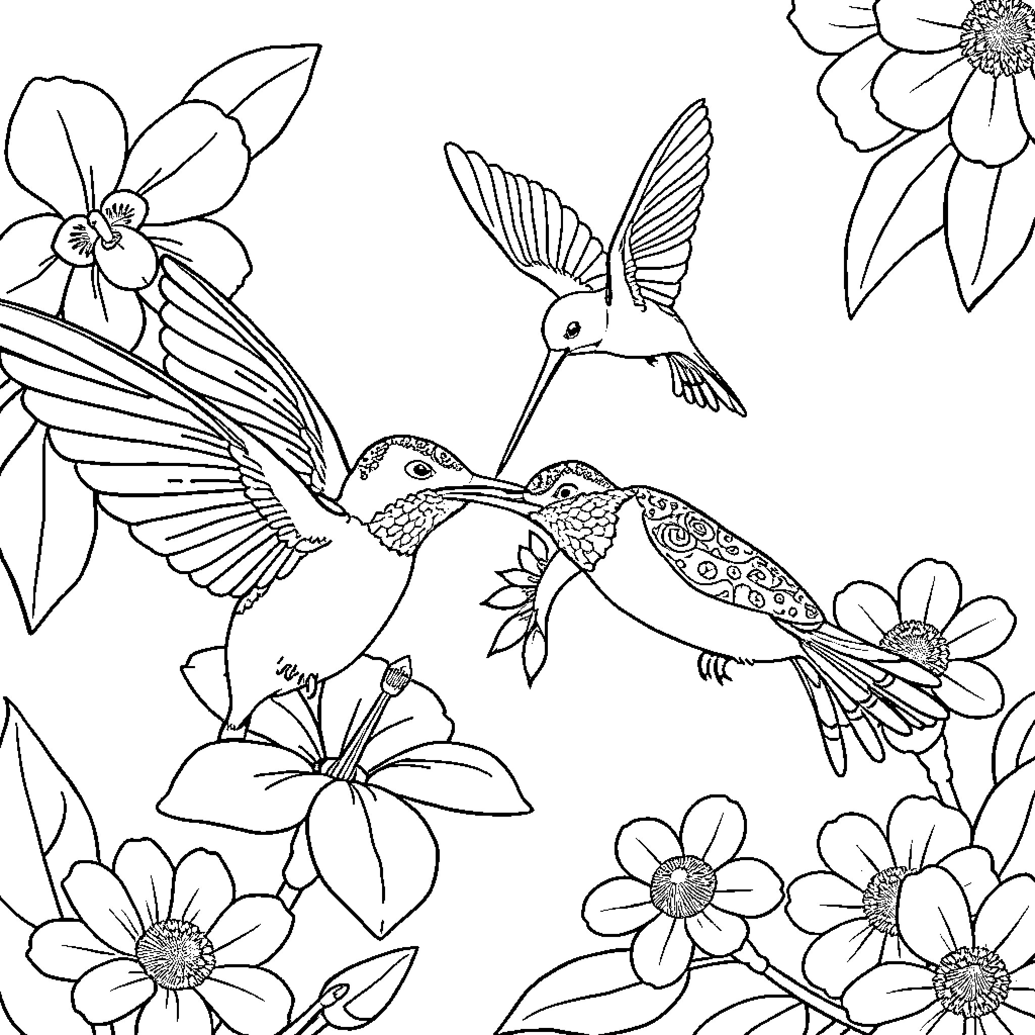 Hummingbirds feeding on vibrant flowers Coloring Page (free black-and-white line drawing printable PDF for all, from beginners to advanced learners, including children, teens, adults, and seniors)