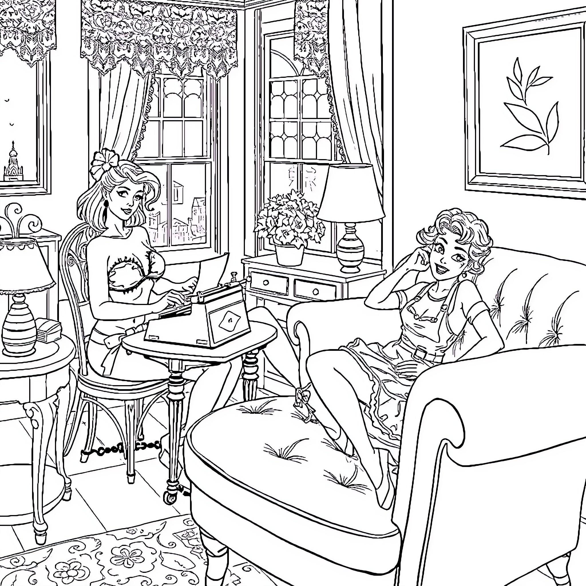 Sub Zero Friends Relaxing in Ornate Room Coloring Page (free black-and-white line drawing printable PDF for all, from beginners to advanced learners, including children, teens, adults, and seniors)