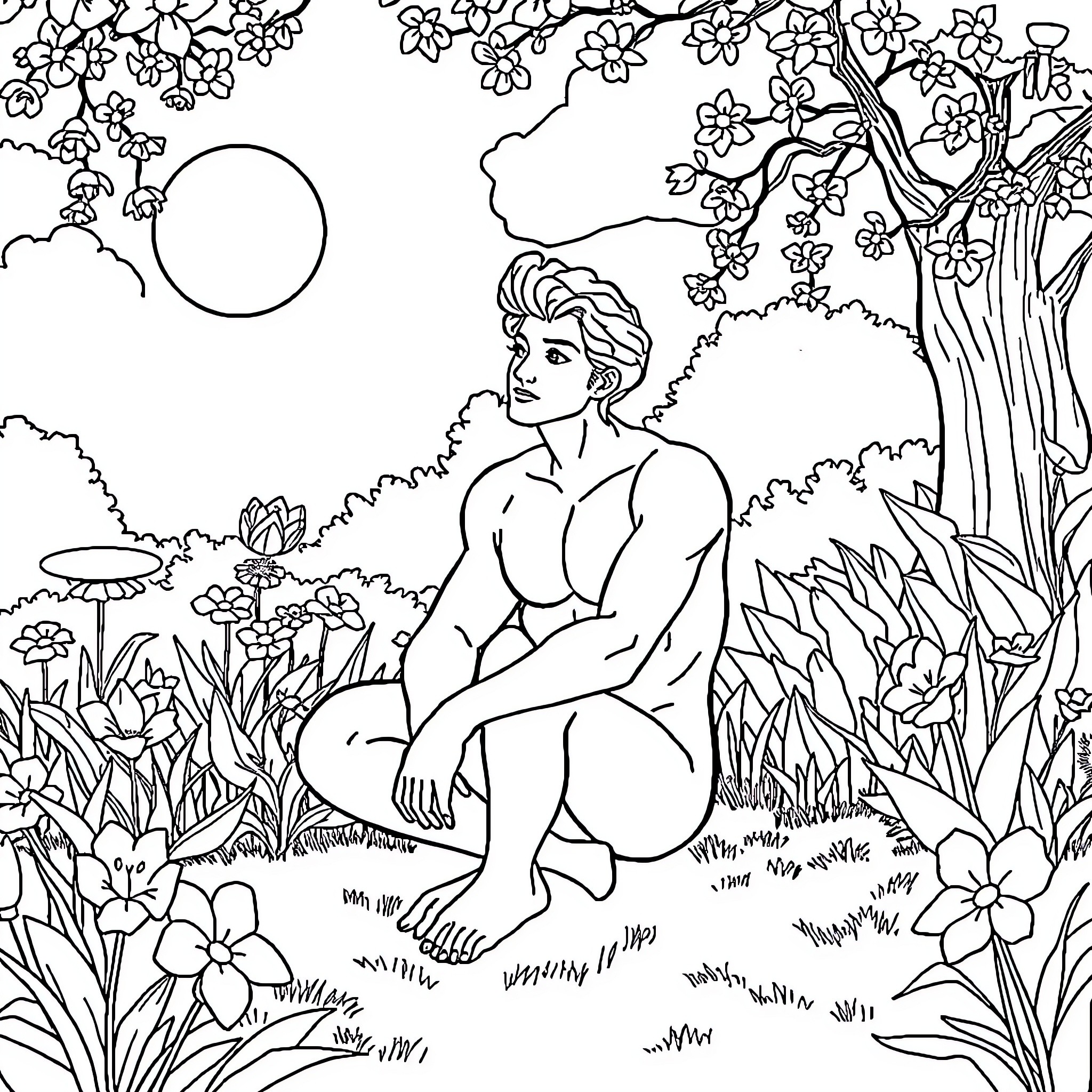 Dionisio in a serene floral landscape Coloring Page (free black-and-white line drawing printable PDF for all, from beginners to advanced learners, including children, teens, adults, and seniors)