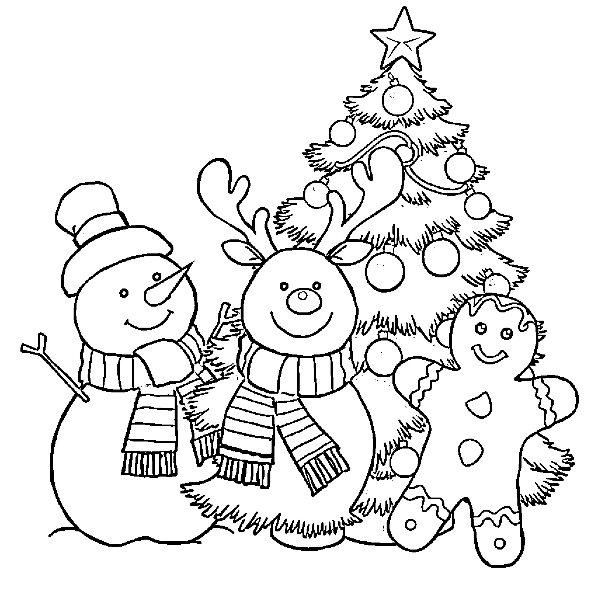 Christmas scene with snowman, reindeer, and gingerbread person Coloring Page (free black-and-white line drawing printable PDF for all, from beginners to advanced learners, including children, teens, adults, and seniors)