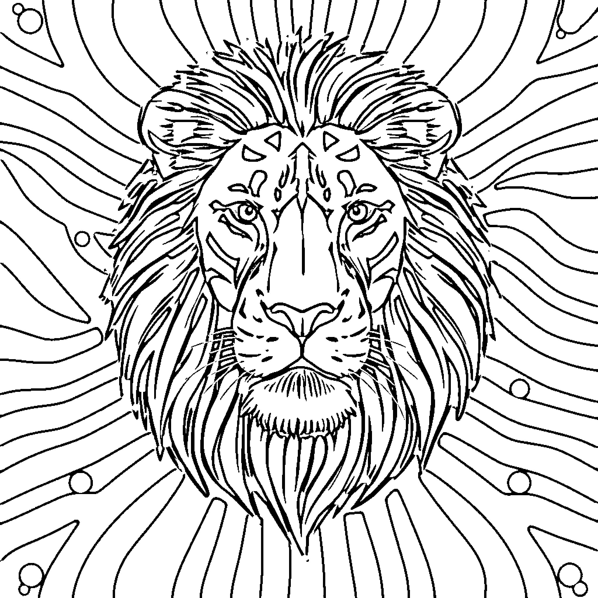 Lion facing forward with intricate patterns Coloring Page (free black-and-white line drawing printable PDF for all, from beginners to advanced learners, including children, teens, adults, and seniors)